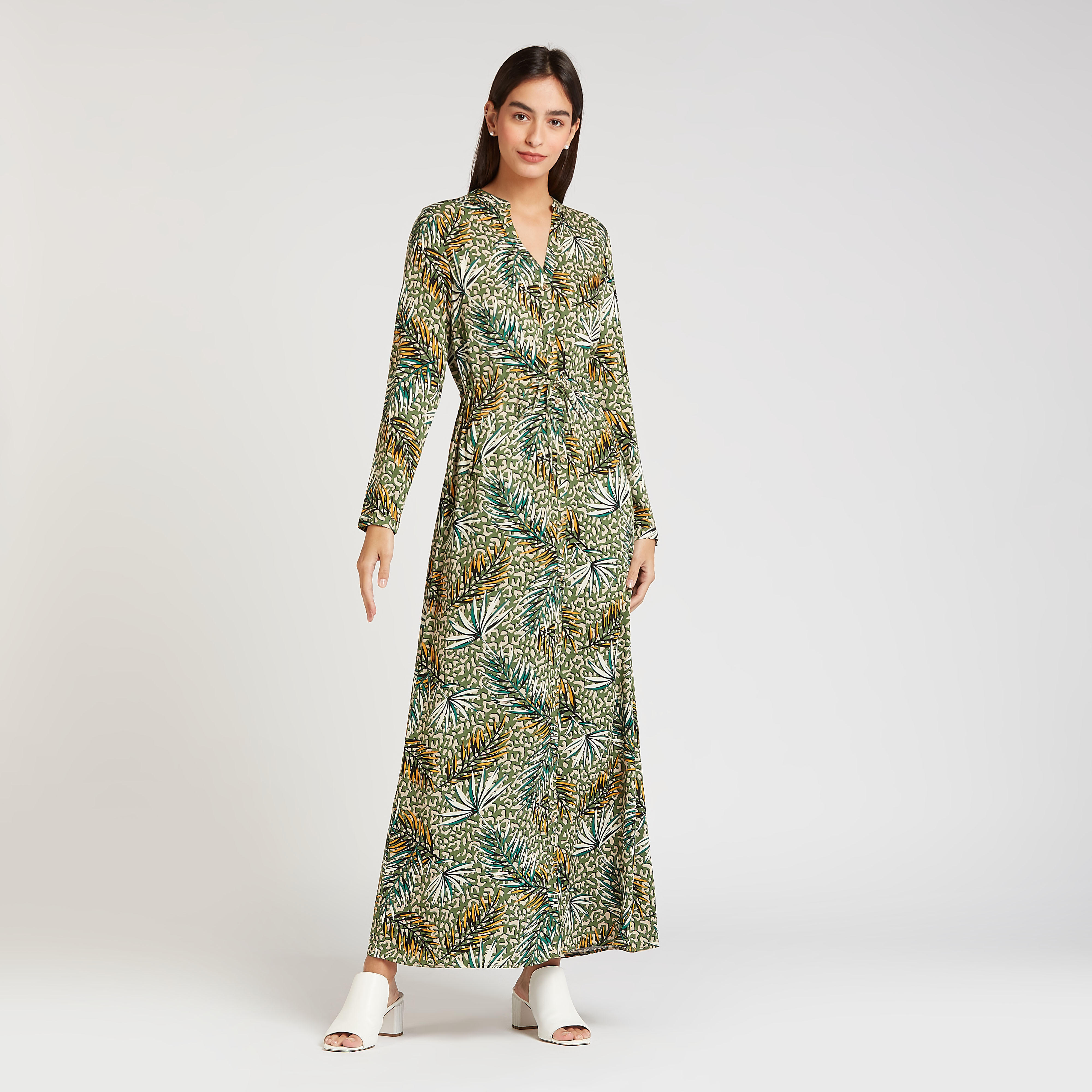 فستان قميص سادة طويل بأكمام طويلة ورباط و طبعات من آيكونيك-women-clothing-dresses-image-1