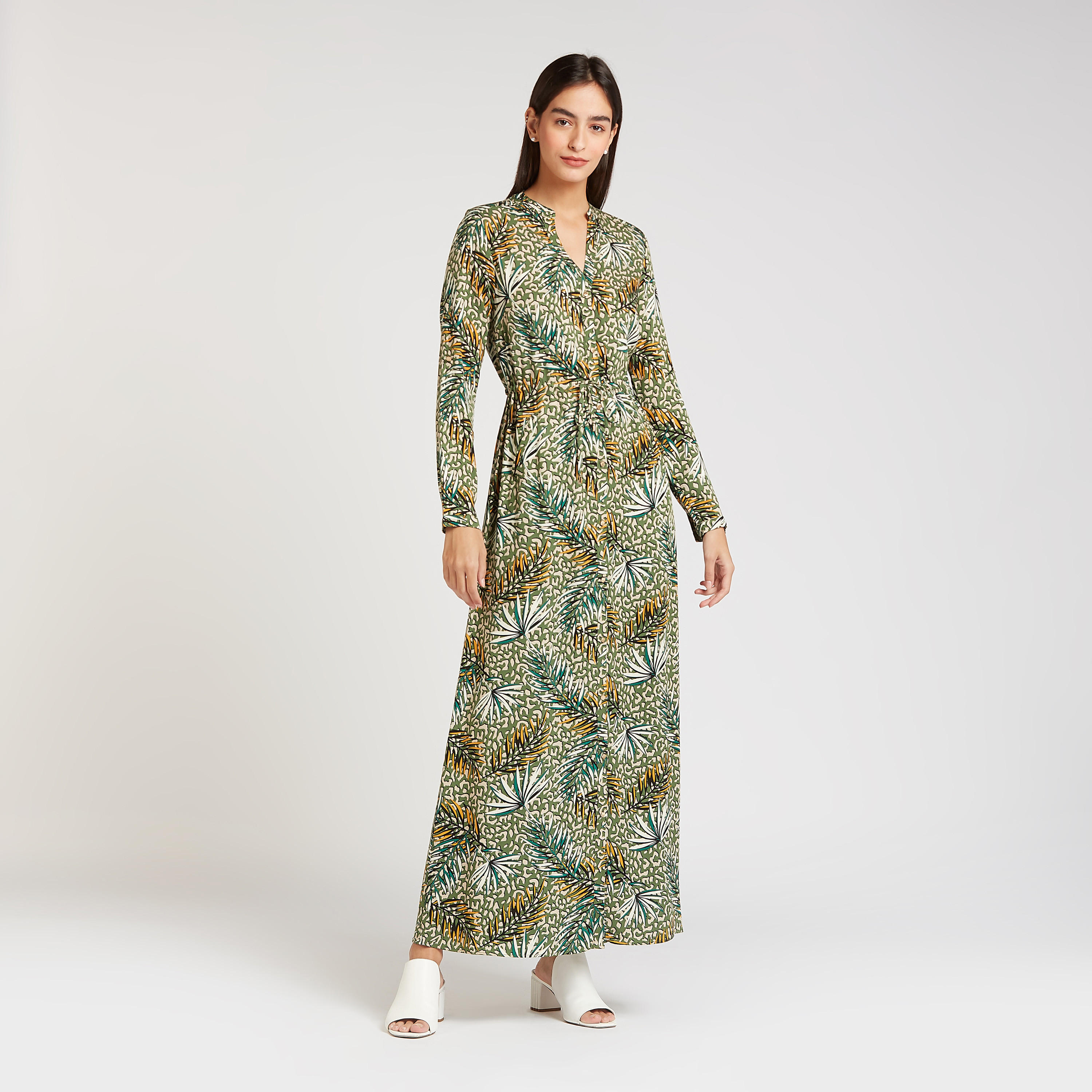 فستان قميص سادة طويل بأكمام طويلة ورباط و طبعات من آيكونيك-women-clothing-dresses-image-2