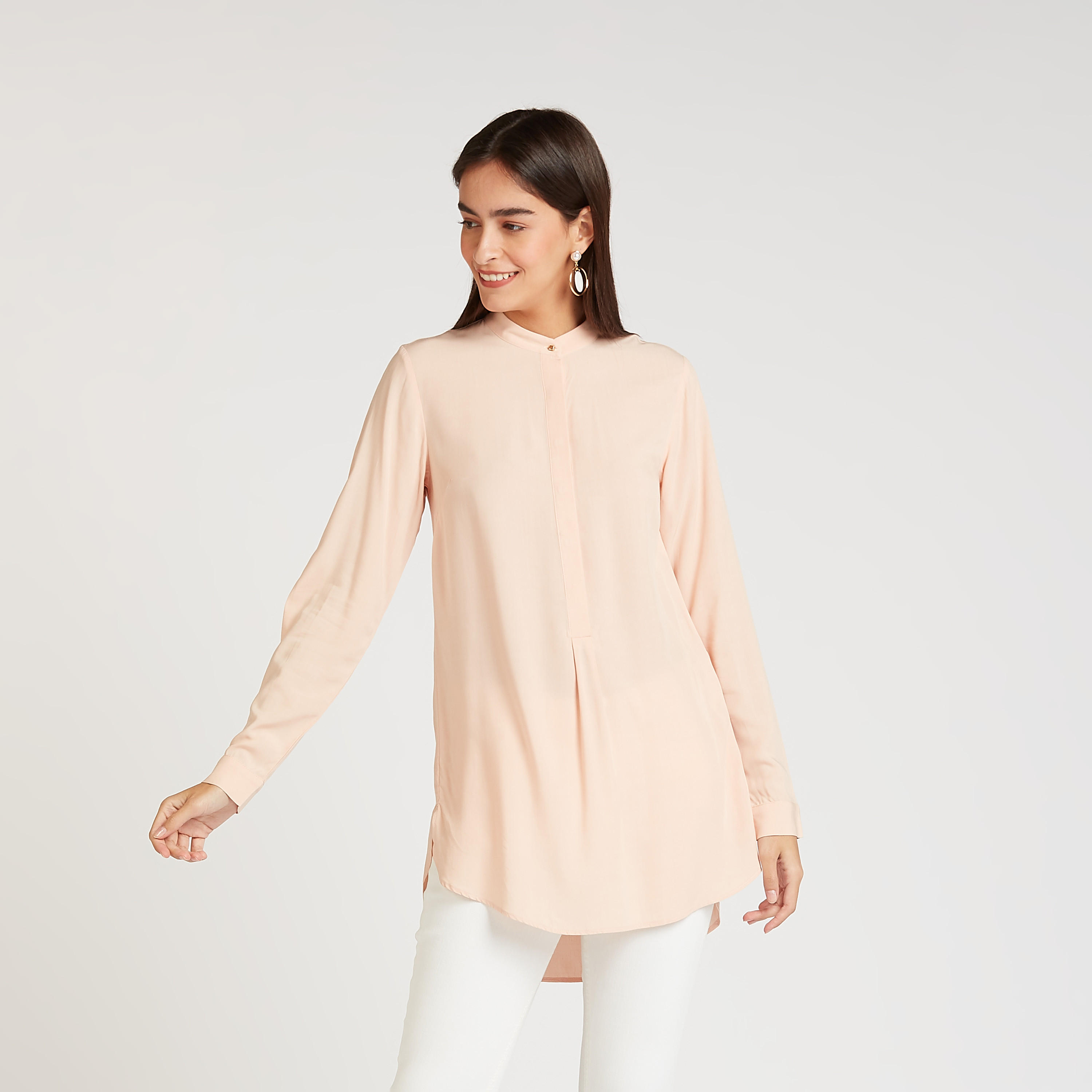 قميص سادة بياقة ماندارين وأكمام طويلة من آيكونيك-women-clothing-shirtsandblouses-blouses-image-4