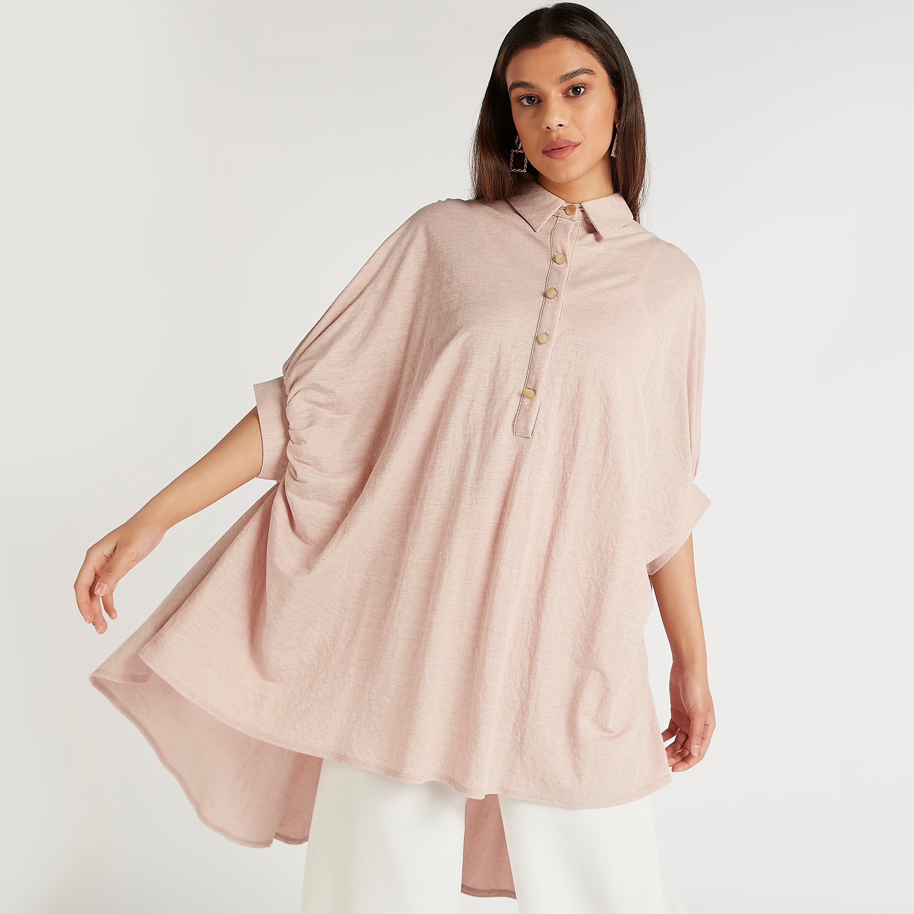 تونيك بارز الملمس بياقة عادية وحوّاف غير مستوية من آيكونيك-women-clothing-shirtsandblouses-blouses-image-1