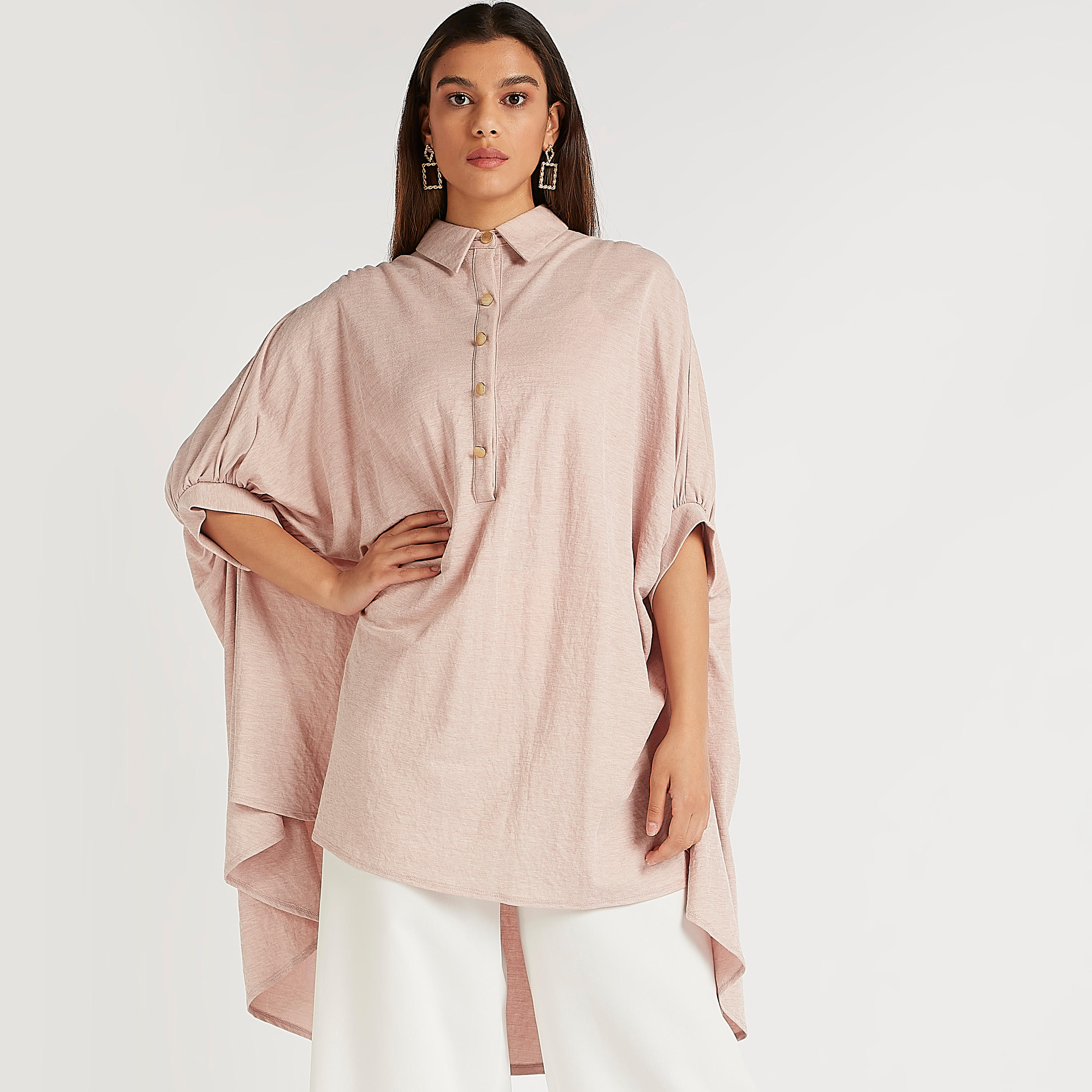 تونيك بارز الملمس بياقة عادية وحوّاف غير مستوية من آيكونيك-women-clothing-shirtsandblouses-blouses-image-5