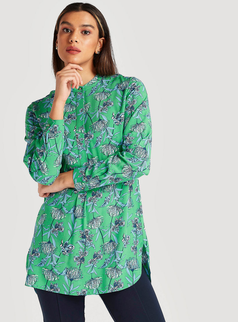 بلوزة طويلة بياقة بأكمام طويلة وطبعات أزهار من آيكونيك-women-clothing-shirtsandblouses-blouses-image-1