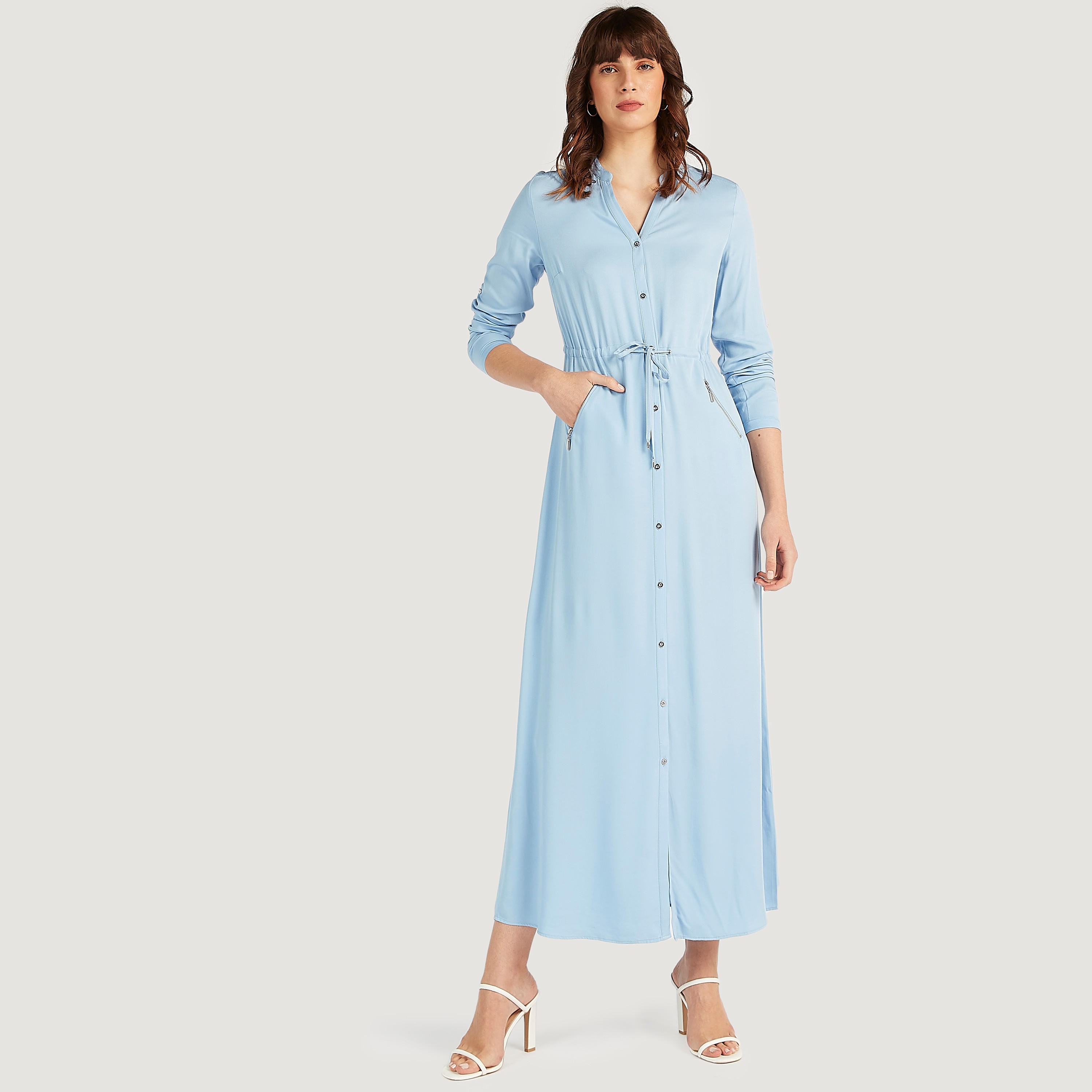 فستان قميص سادة طويل بأكمام طويلة وجيوب بسحّاب من آيكونيك-women-clothing-dresses-image-1