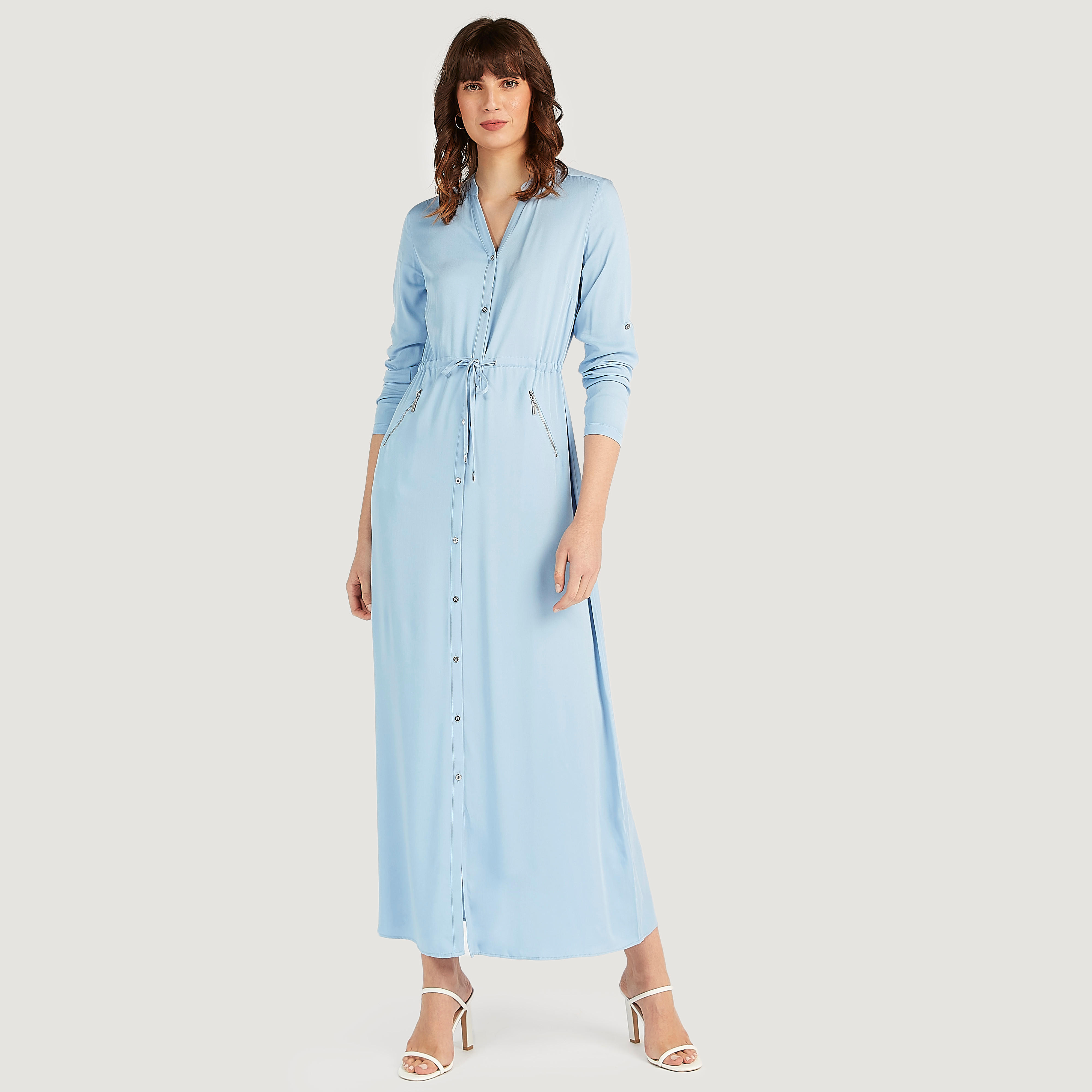 فستان قميص سادة طويل بأكمام طويلة وجيوب بسحّاب من آيكونيك-women-clothing-dresses-image-2