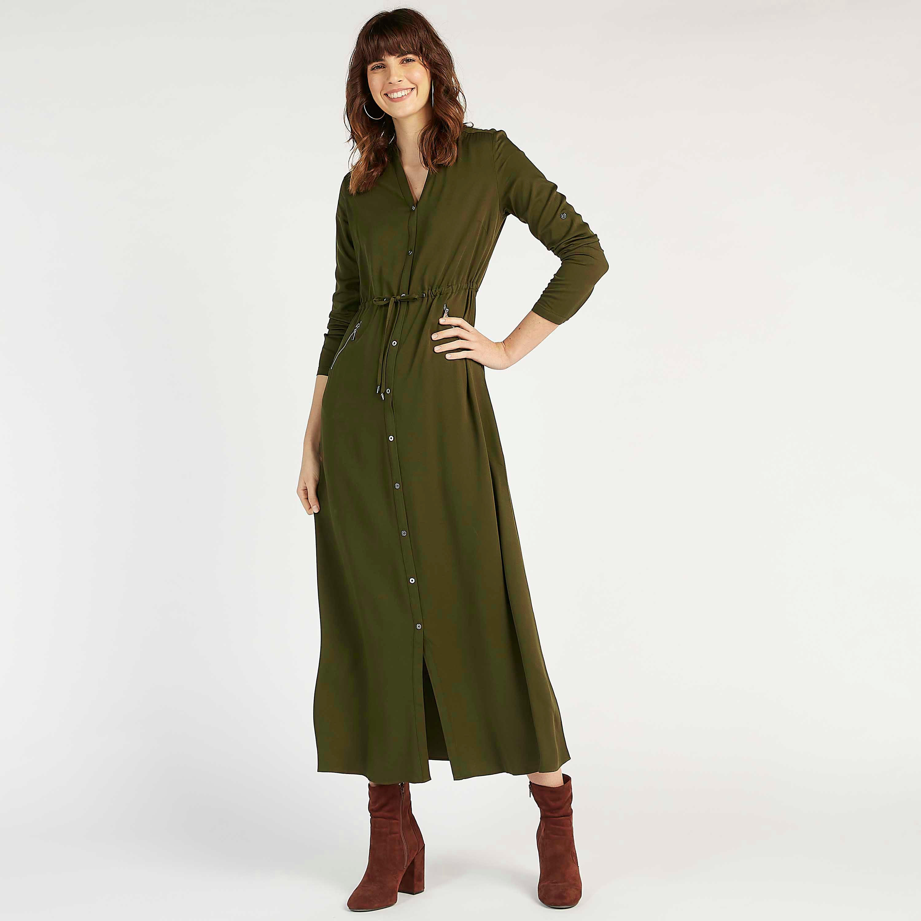 فستان قميص سادة طويل بأكمام طويلة وجيوب بسحّاب من آيكونيك-women-clothing-dresses-image-1