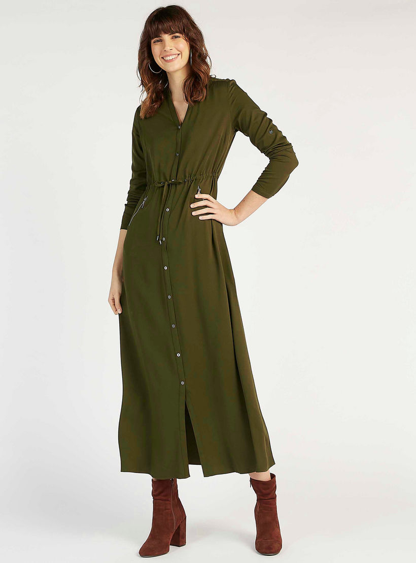 فستان قميص سادة طويل بأكمام طويلة وجيوب بسحّاب من آيكونيك-women-clothing-dresses-image-1