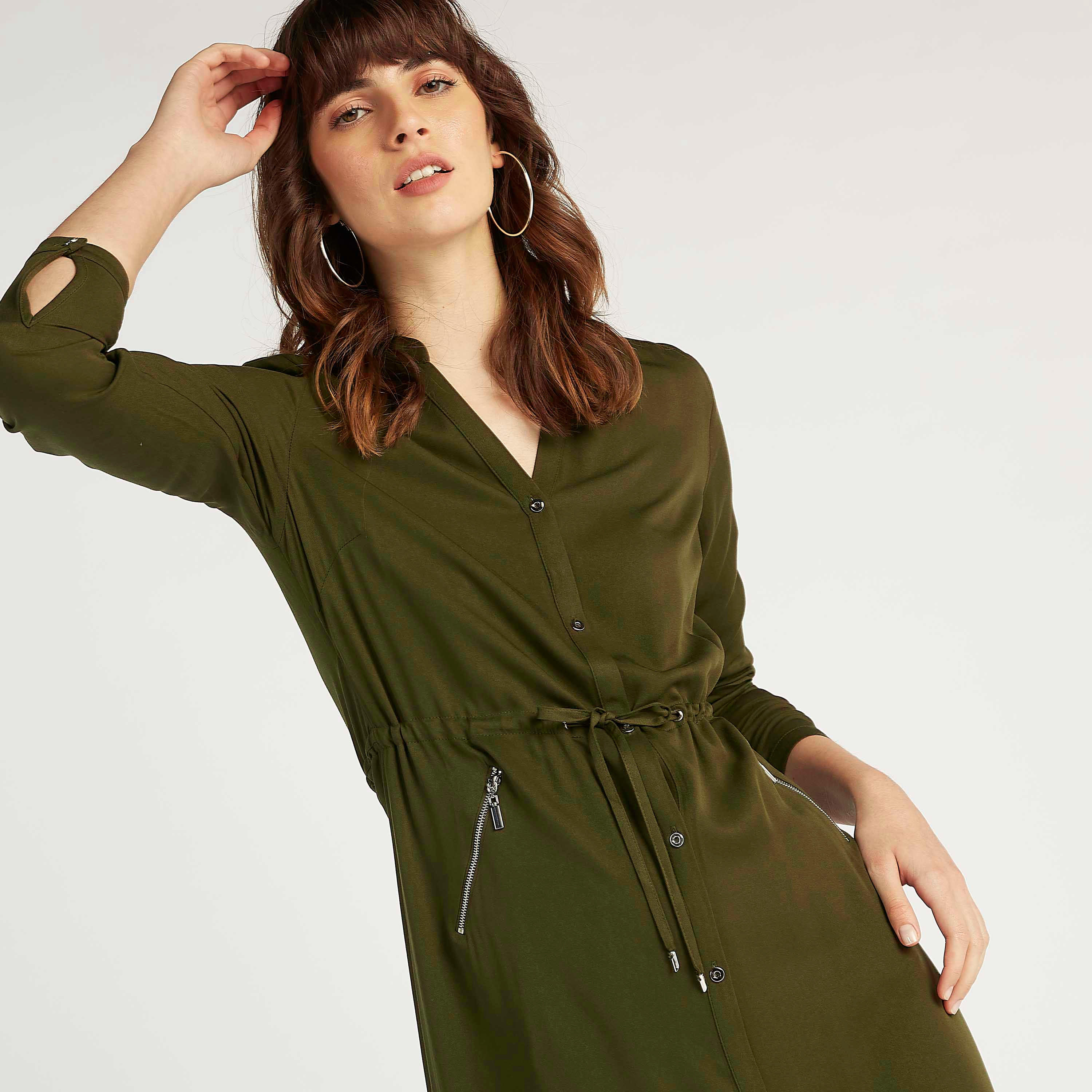 فستان قميص سادة طويل بأكمام طويلة وجيوب بسحّاب من آيكونيك-women-clothing-dresses-image-2
