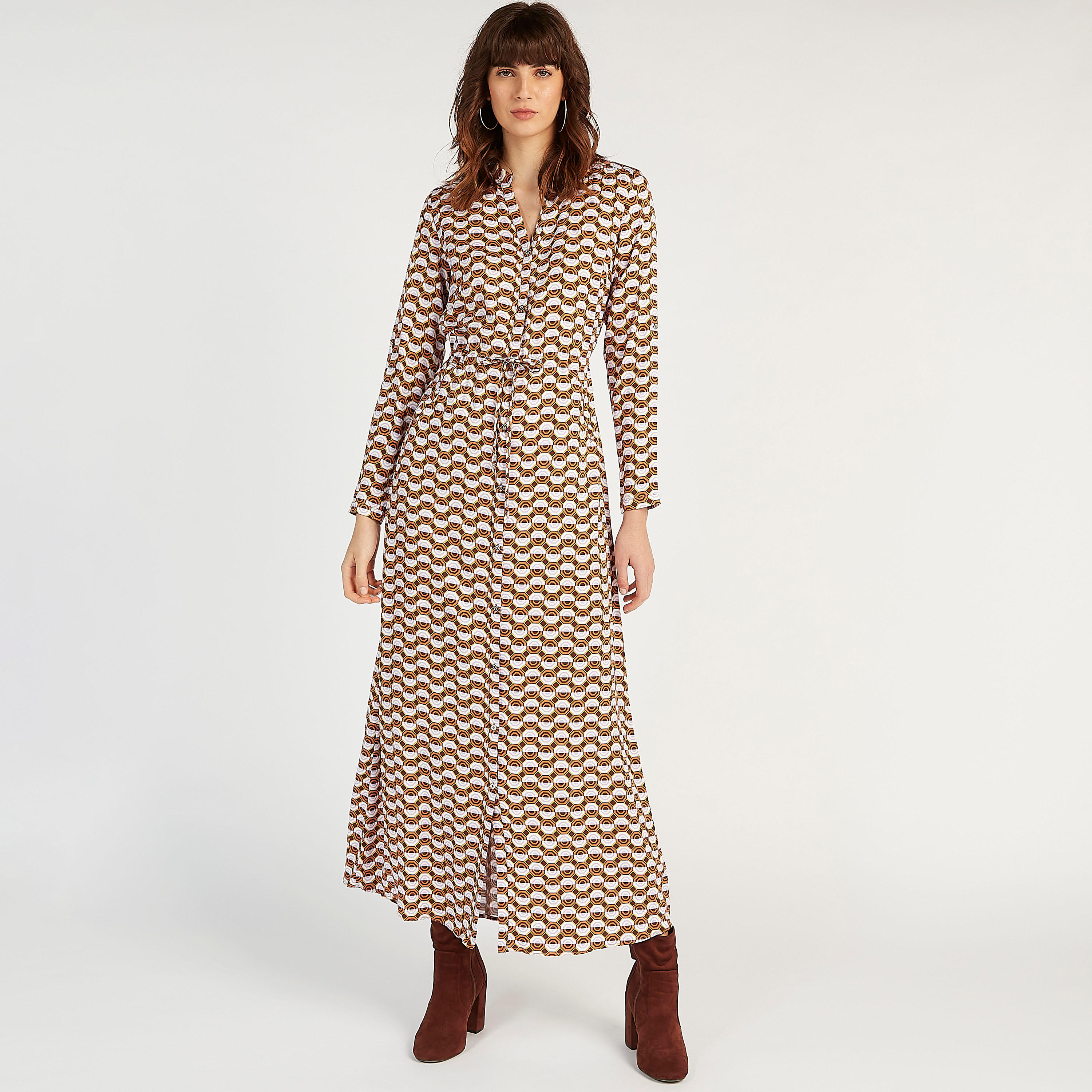 فستان قميص طويل بأكمام طويلة ورباط و طبعات من آيكونيك-women-clothing-dresses-image-1