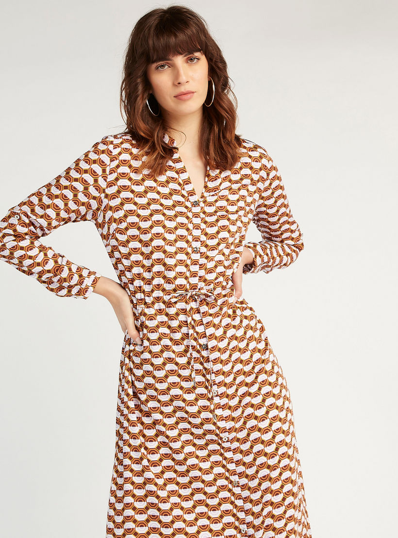 فستان قميص طويل بأكمام طويلة ورباط و طبعات من آيكونيك-women-clothing-dresses-image-2