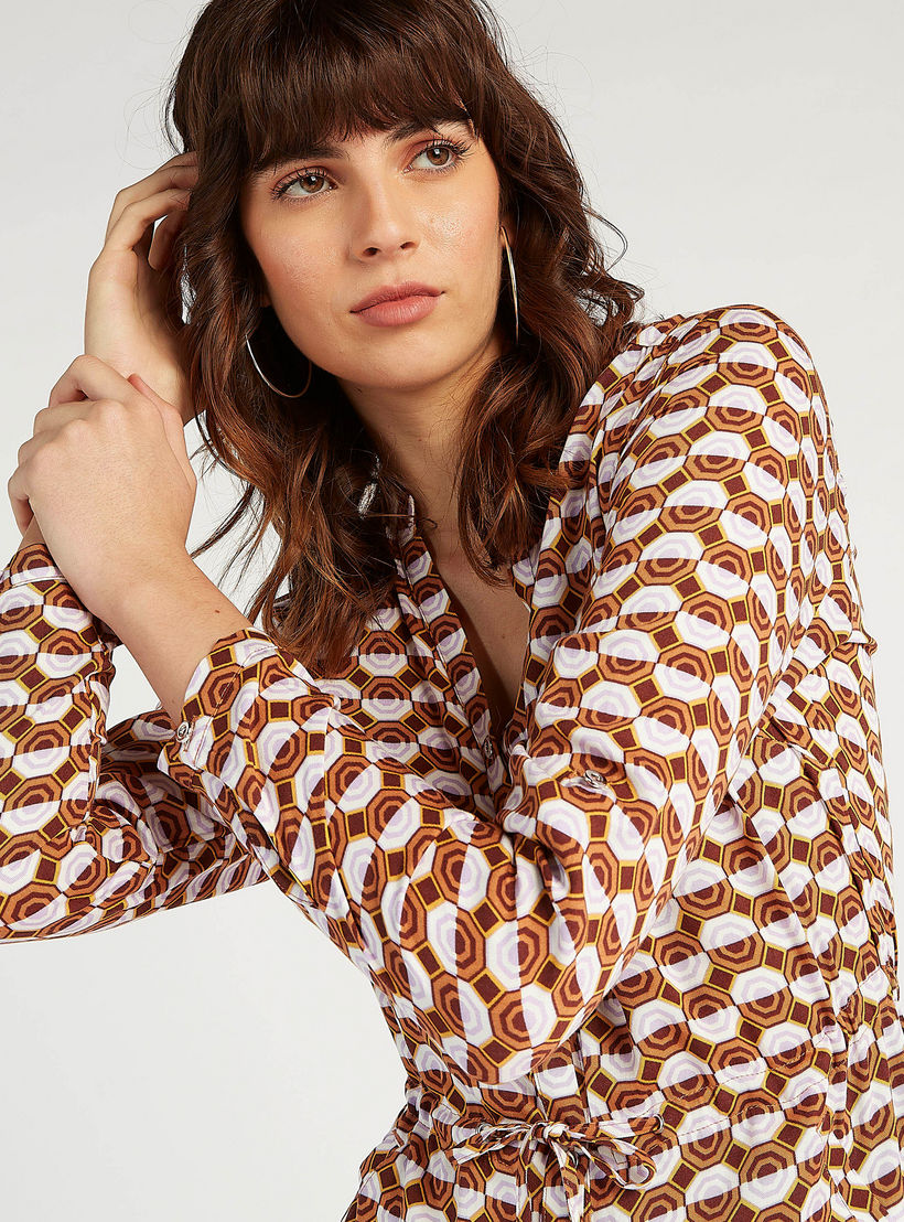 فستان قميص طويل بأكمام طويلة ورباط و طبعات من آيكونيك-women-clothing-dresses-image-3