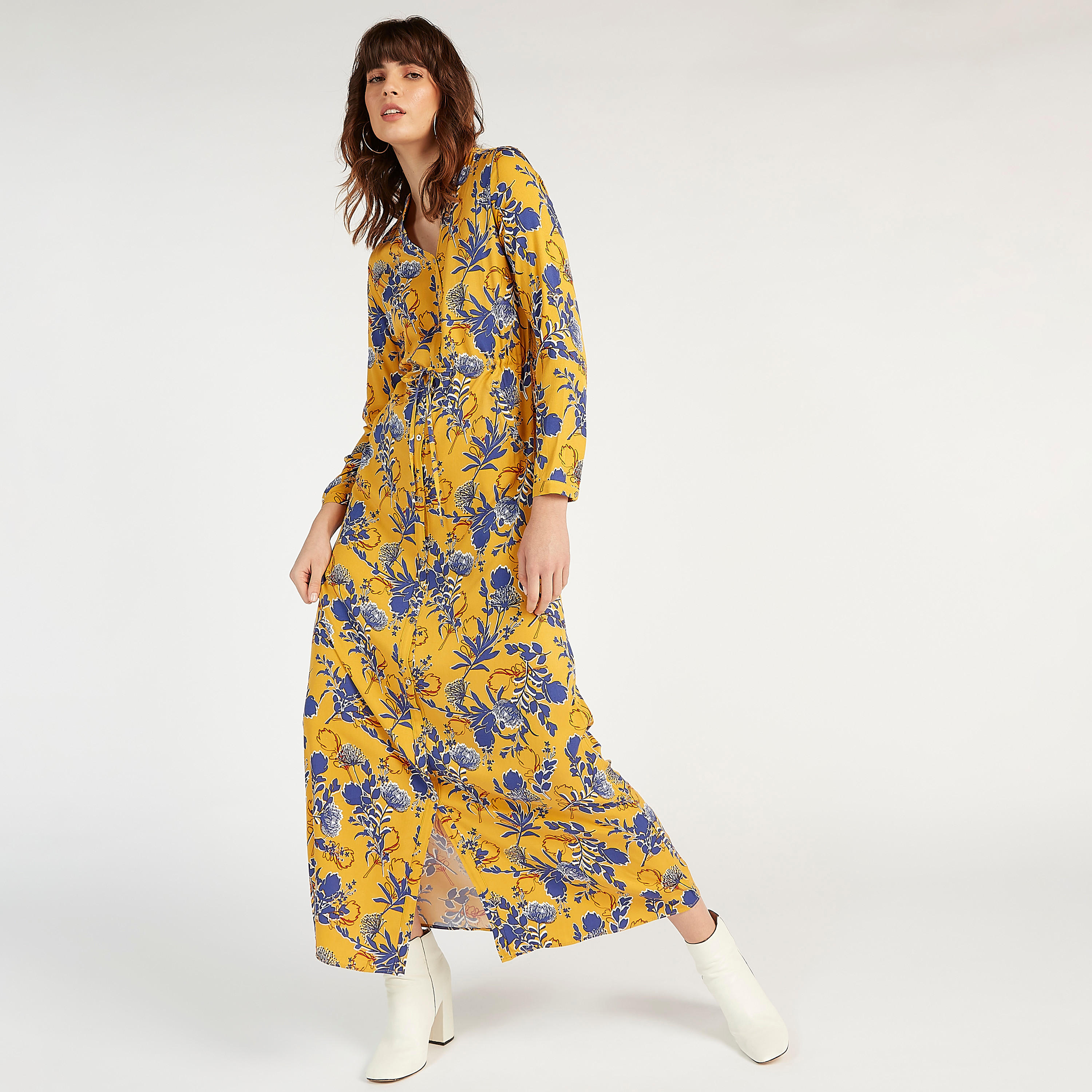 Iconic Floral Print Maxi Shirt Dress with Long Sleeves and Tie-Ups-women-clothing-dresses-image-1
