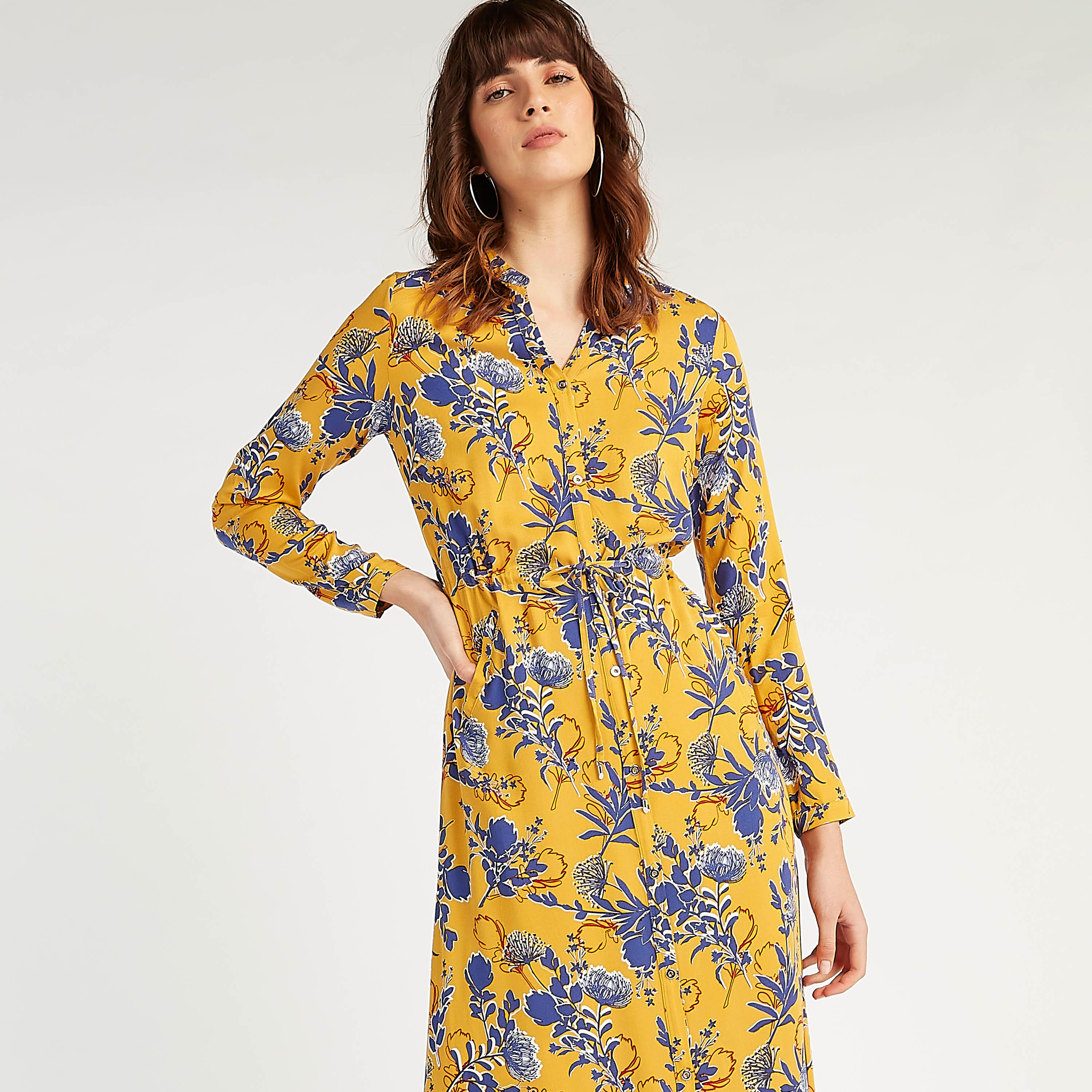 Iconic Floral Print Maxi Shirt Dress with Long Sleeves and Tie-Ups-women-clothing-dresses-image-5