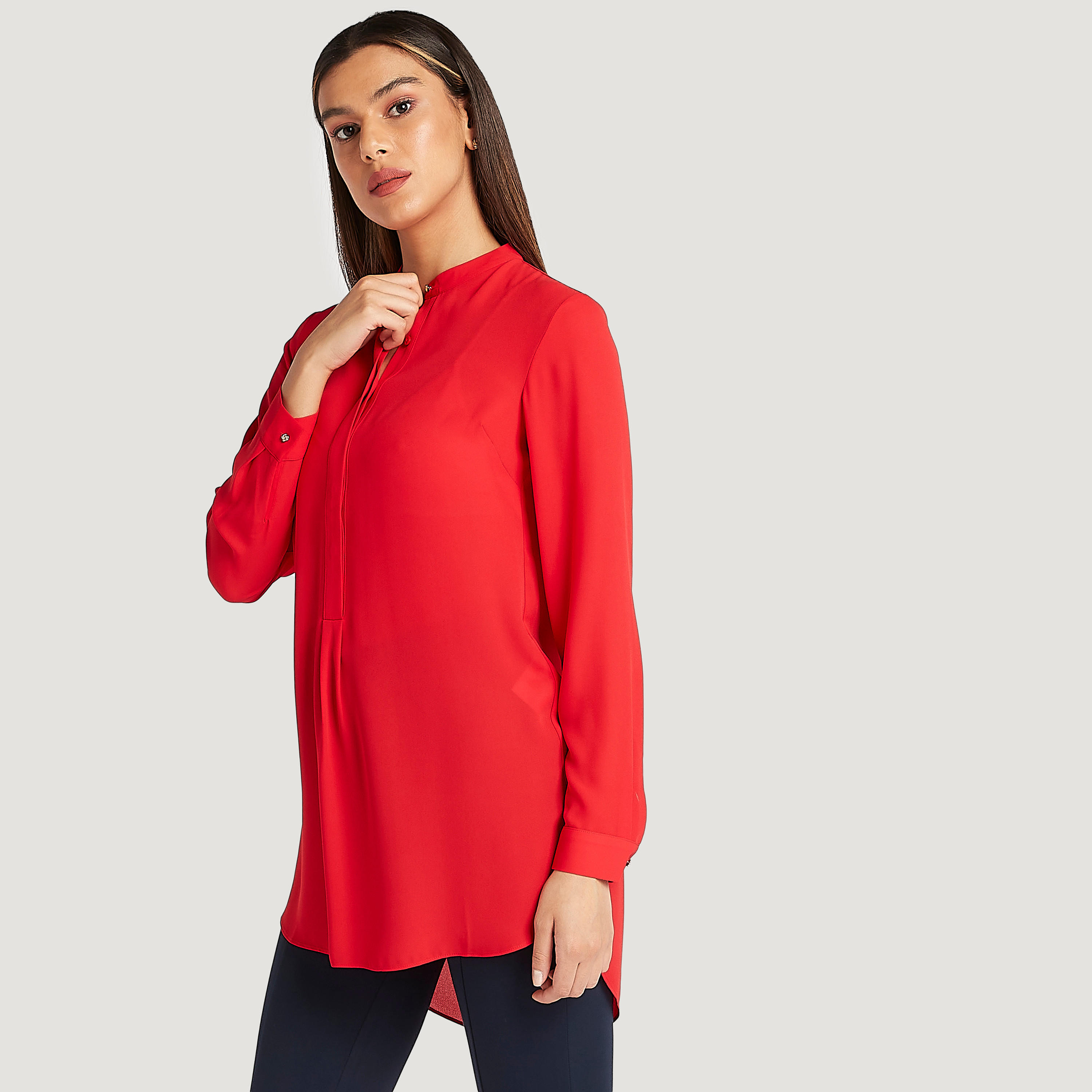 بلوزة طويلة سادة بياقة ماندارين وأكمام طويلة من آيكونيك-women-clothing-shirtsandblouses-blouses-image-6