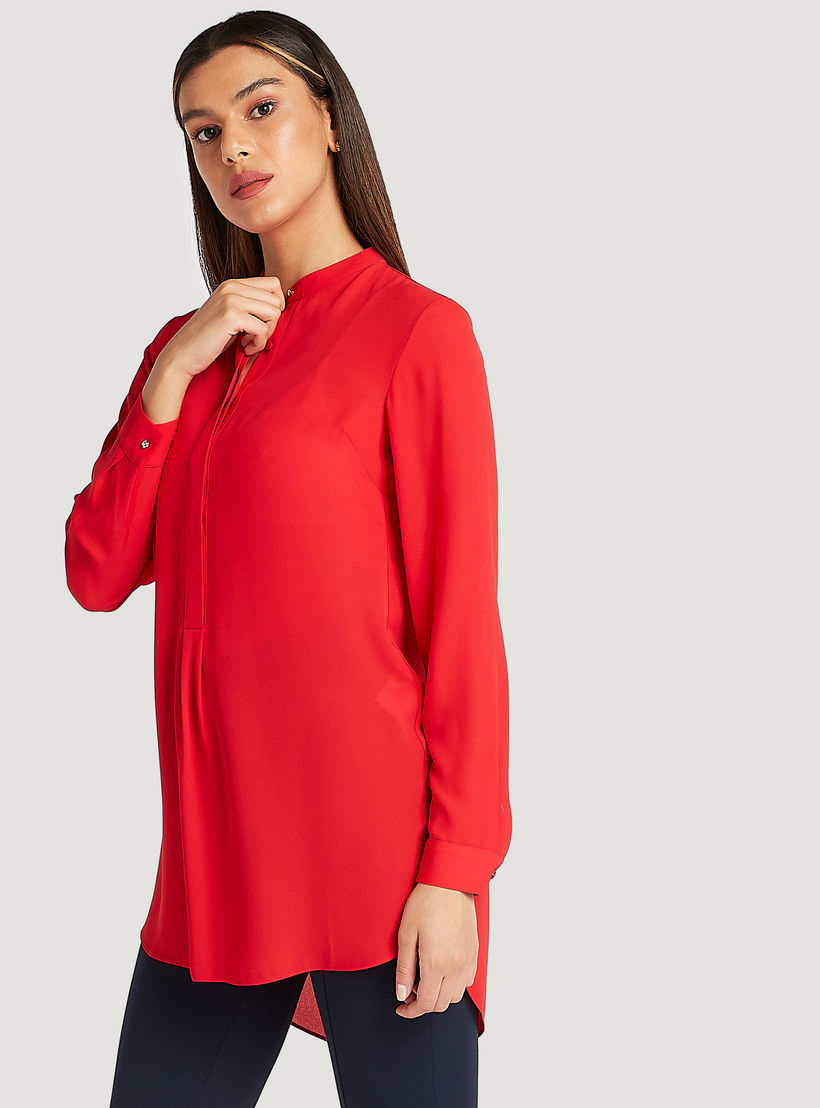 بلوزة طويلة سادة بياقة ماندارين وأكمام طويلة من آيكونيك-women-clothing-shirtsandblouses-blouses-image-6