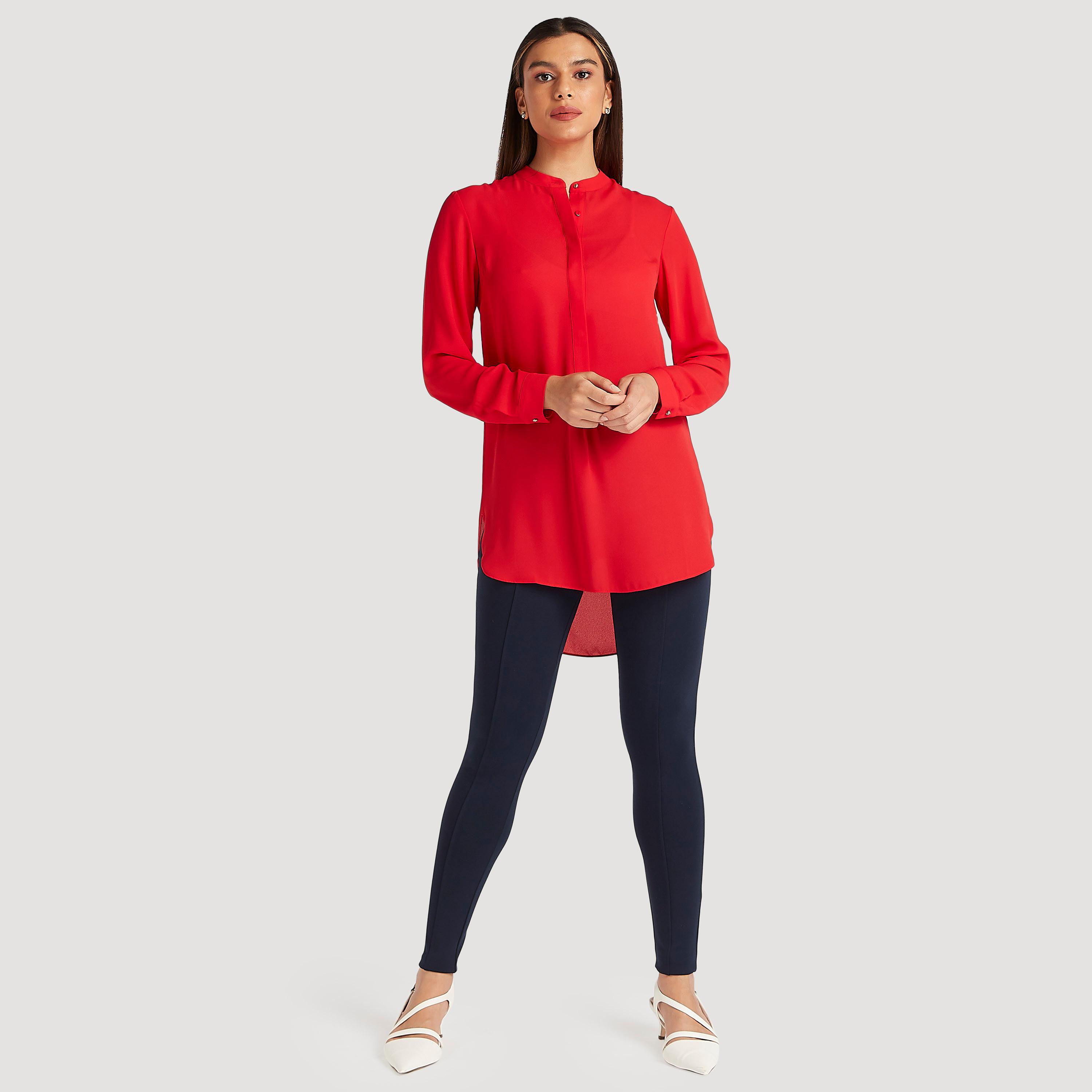 بلوزة طويلة سادة بياقة ماندارين وأكمام طويلة من آيكونيك-women-clothing-shirtsandblouses-blouses-image-5