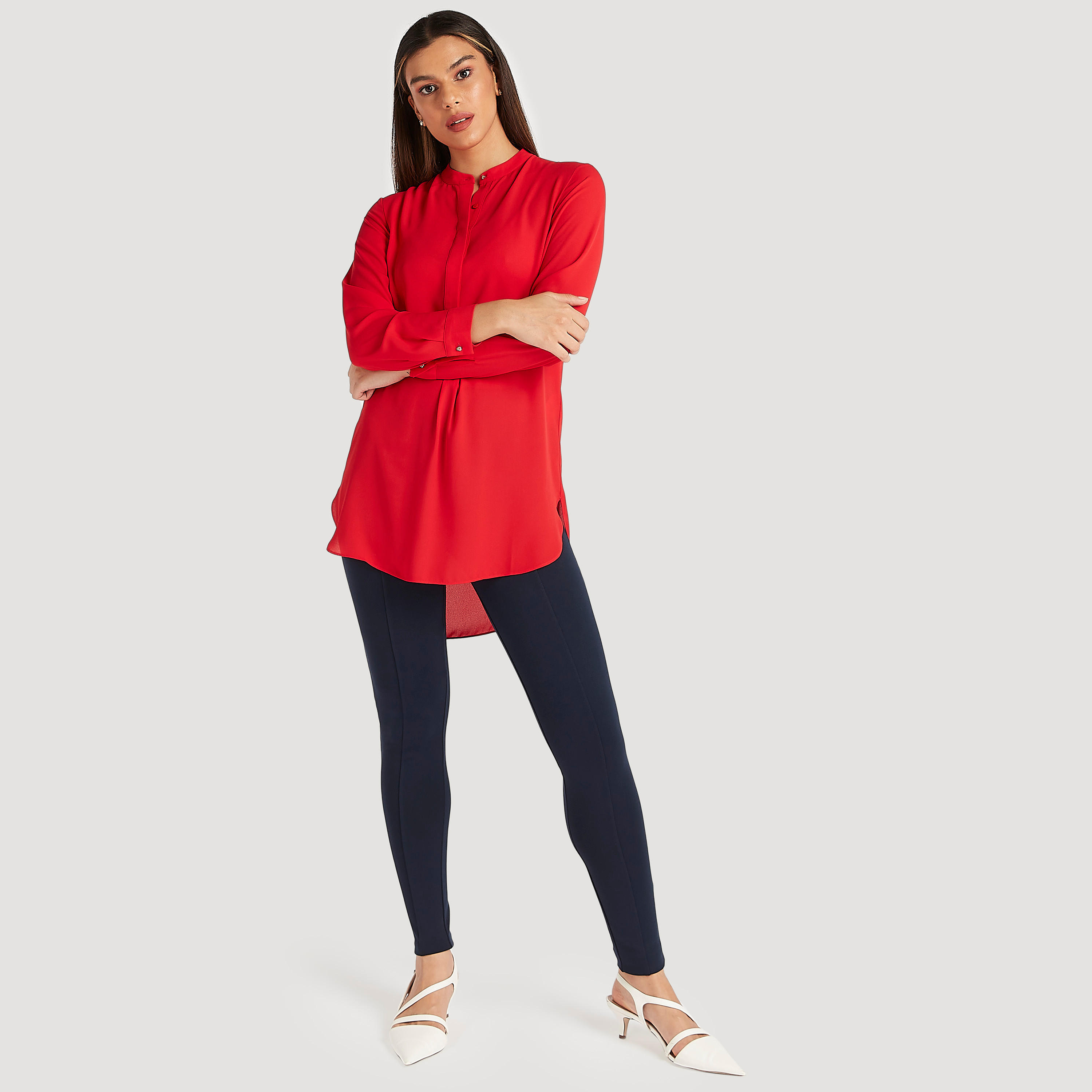 بلوزة طويلة سادة بياقة ماندارين وأكمام طويلة من آيكونيك-women-clothing-shirtsandblouses-blouses-image-2