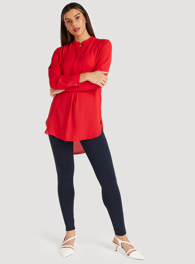 بلوزة طويلة سادة بياقة ماندارين وأكمام طويلة من آيكونيك-women-clothing-shirtsandblouses-blouses-image-2