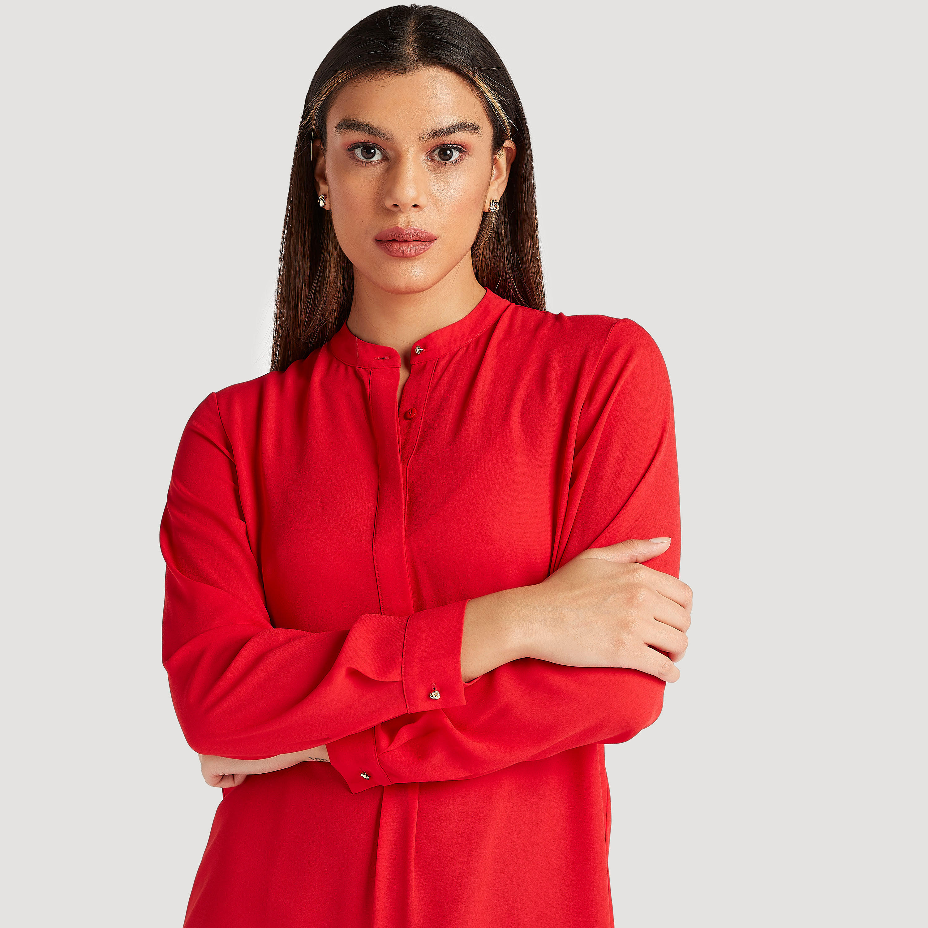 بلوزة طويلة سادة بياقة ماندارين وأكمام طويلة من آيكونيك-women-clothing-shirtsandblouses-blouses-image-1