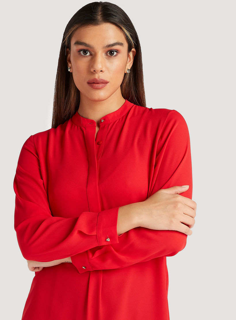 بلوزة طويلة سادة بياقة ماندارين وأكمام طويلة من آيكونيك-women-clothing-shirtsandblouses-blouses-image-1