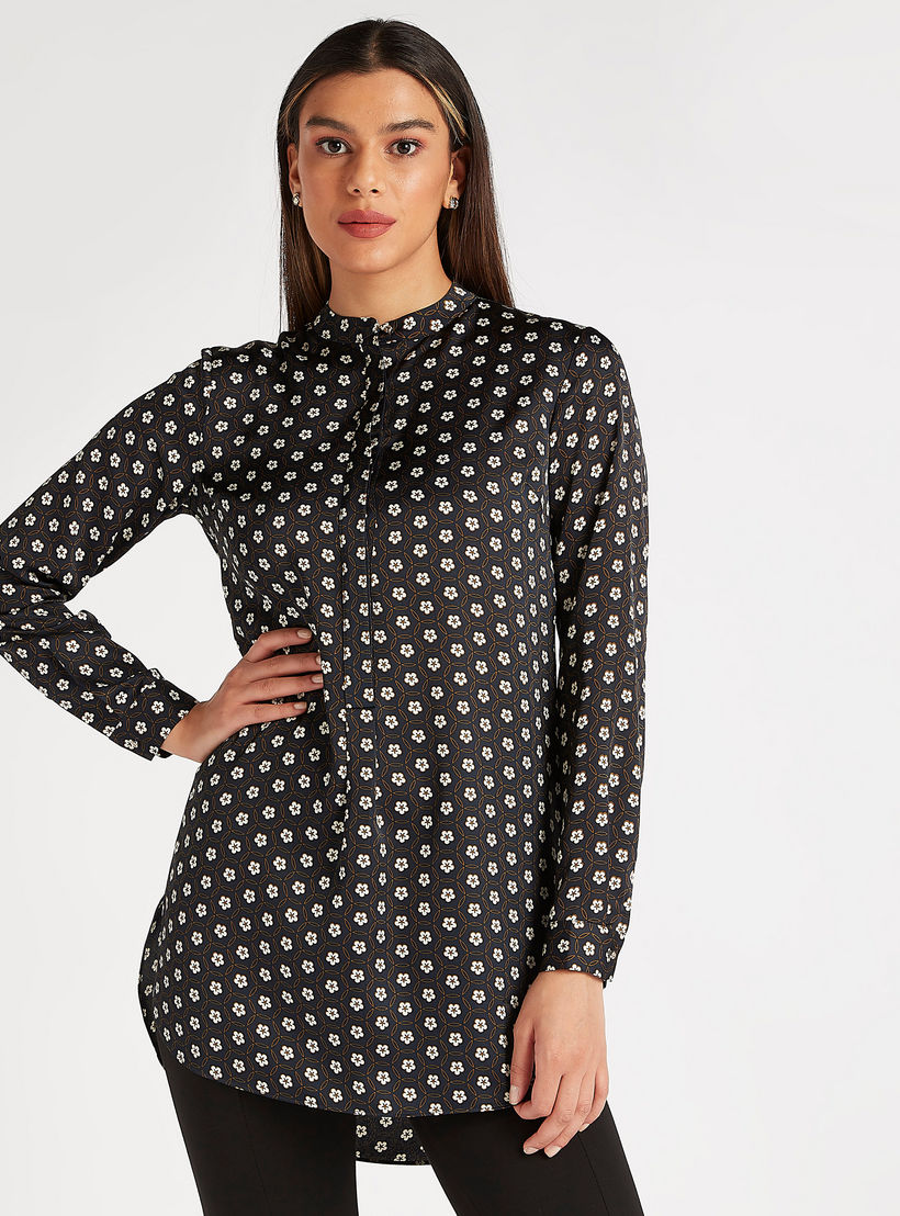 بلوزة طويلة بياقة بأكمام طويلة وطبعات أزهار من آيكونيك-women-clothing-shirtsandblouses-blouses-image-1