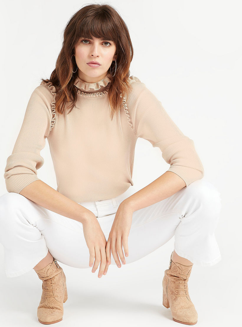 كنزة بارزة الملمس بياقة عالية وأكمام طويلة وتفاصيل كشكش من آيكونيك-women-clothing-cardigansandjumpers-jumpers-image-3