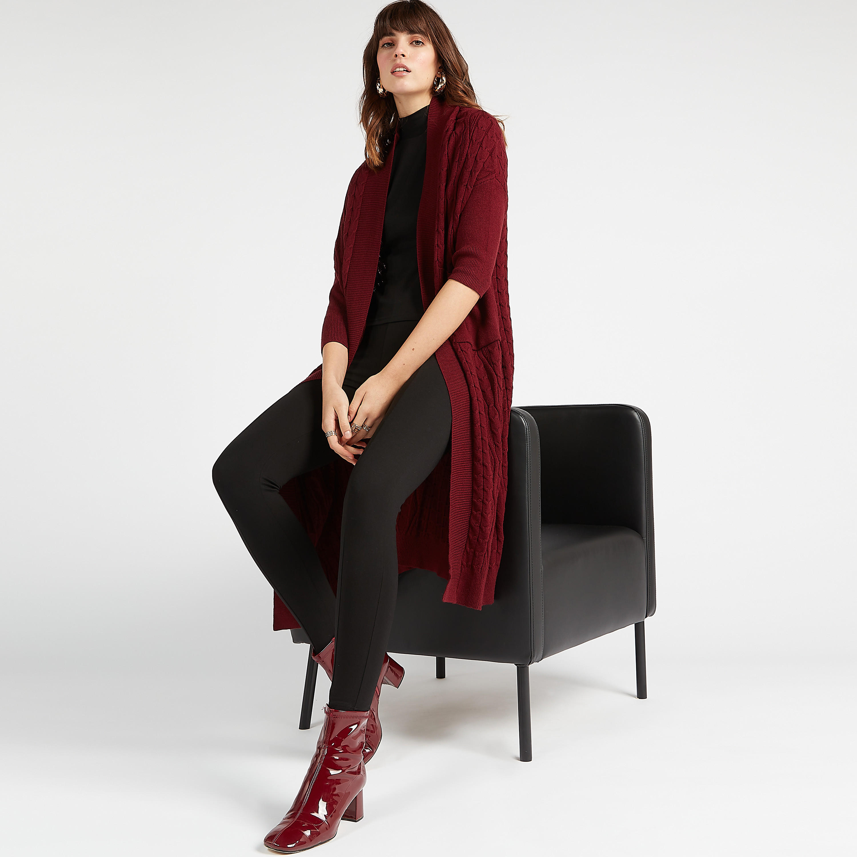 كارديجن مستدام طويل بارز الملمس مع ياقة منسدلة وجيوب-women-winterwear-cardigansandjumpers-cardigans-image-1