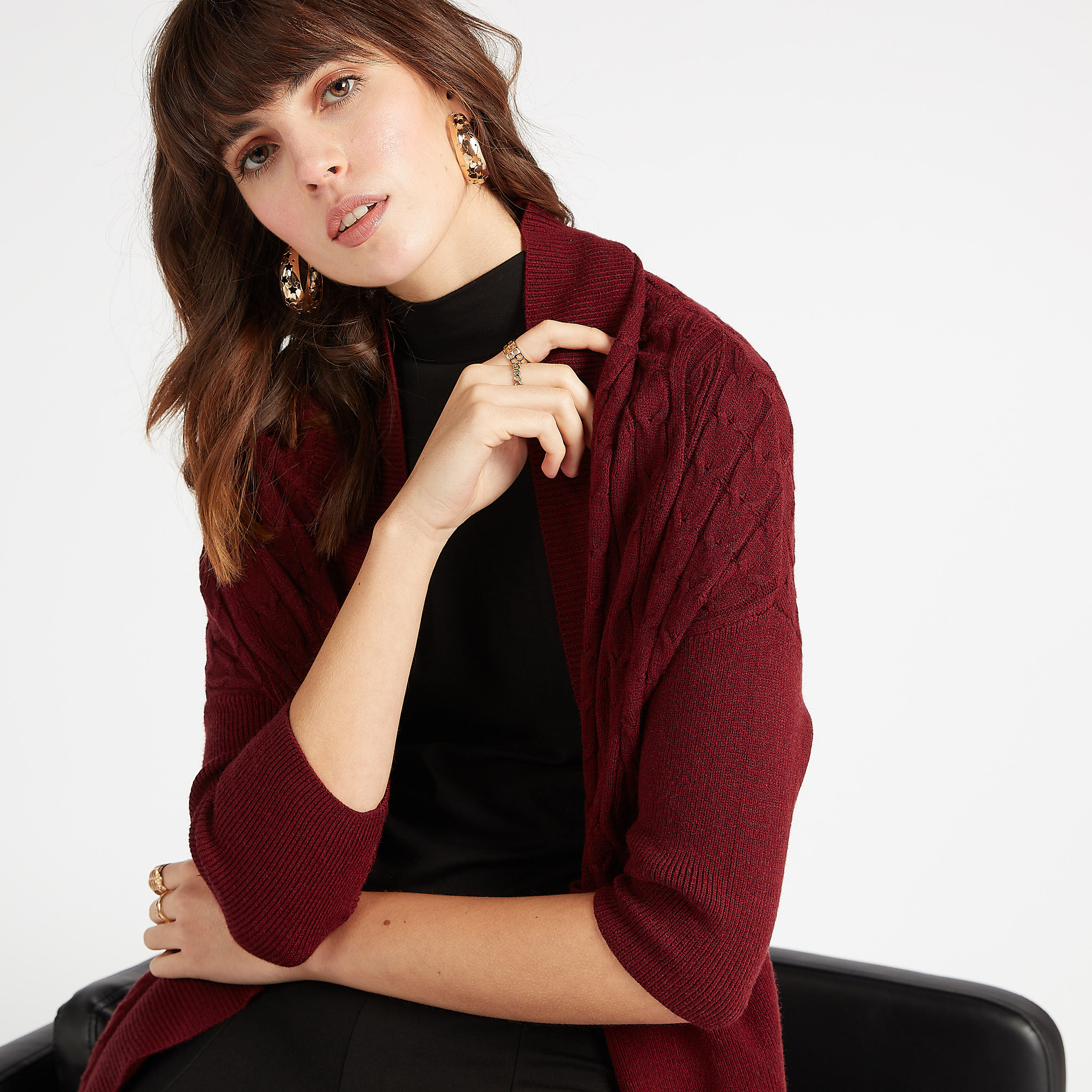 كارديجن مستدام طويل بارز الملمس مع ياقة منسدلة وجيوب-women-winterwear-cardigansandjumpers-cardigans-image-2