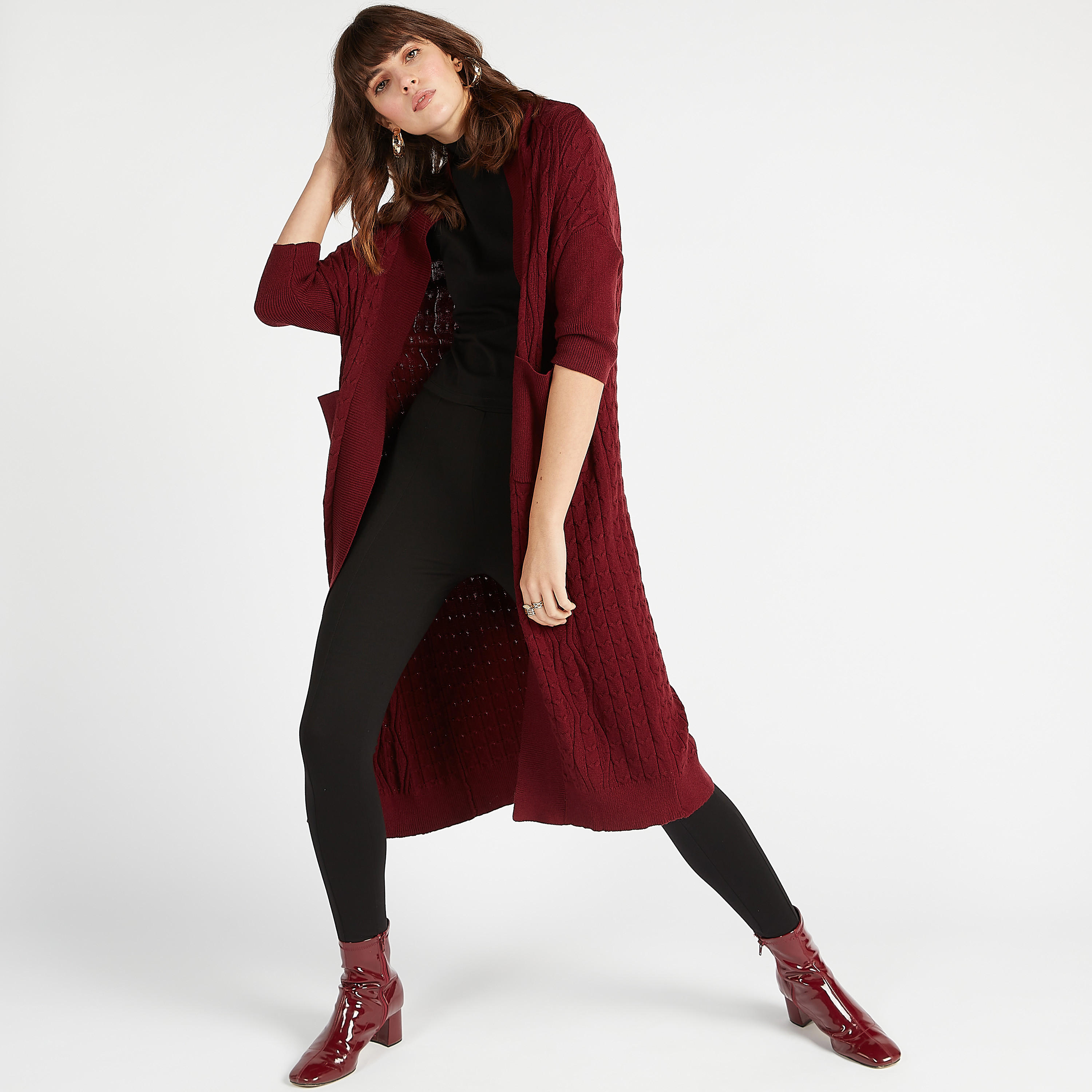 كارديجن مستدام طويل بارز الملمس مع ياقة منسدلة وجيوب-women-winterwear-cardigansandjumpers-cardigans-image-3