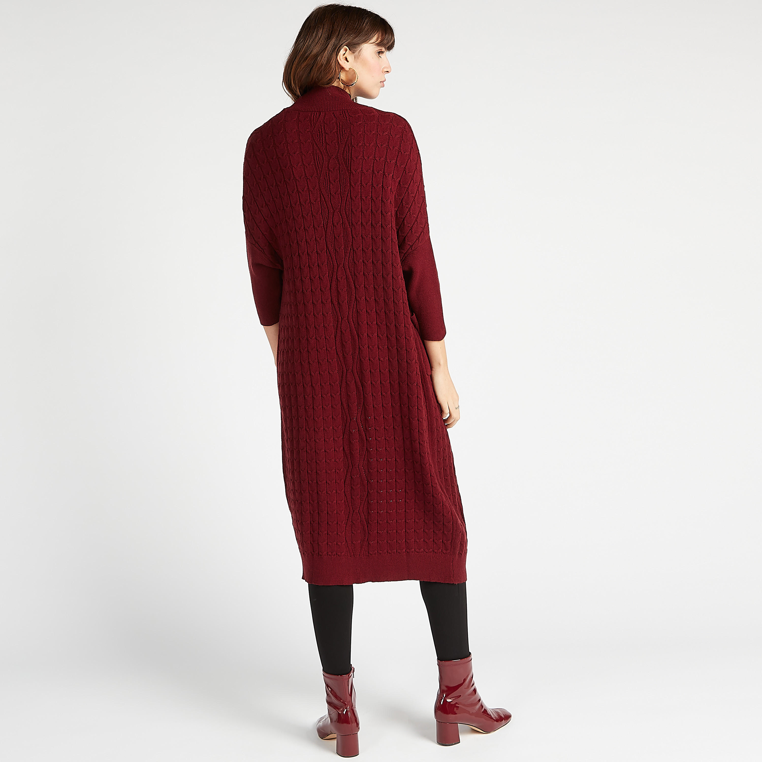 كارديجن مستدام طويل بارز الملمس مع ياقة منسدلة وجيوب-women-winterwear-cardigansandjumpers-cardigans-image-5
