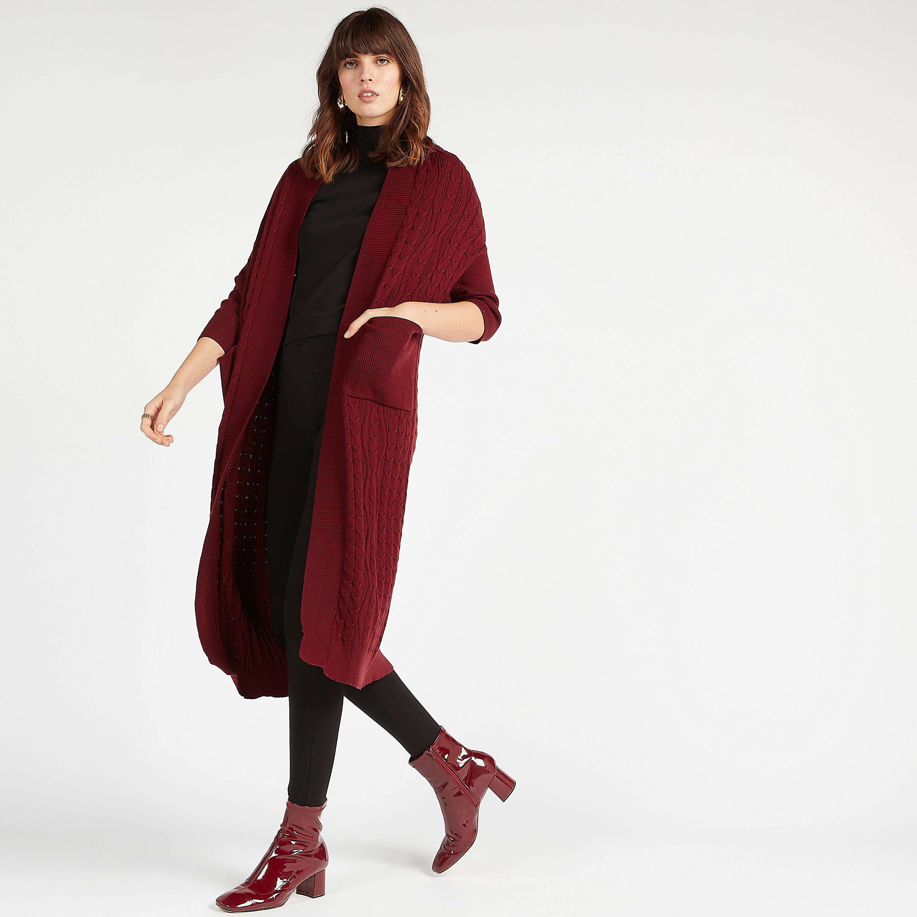 كارديجن مستدام طويل بارز الملمس مع ياقة منسدلة وجيوب-women-winterwear-cardigansandjumpers-cardigans-image-8