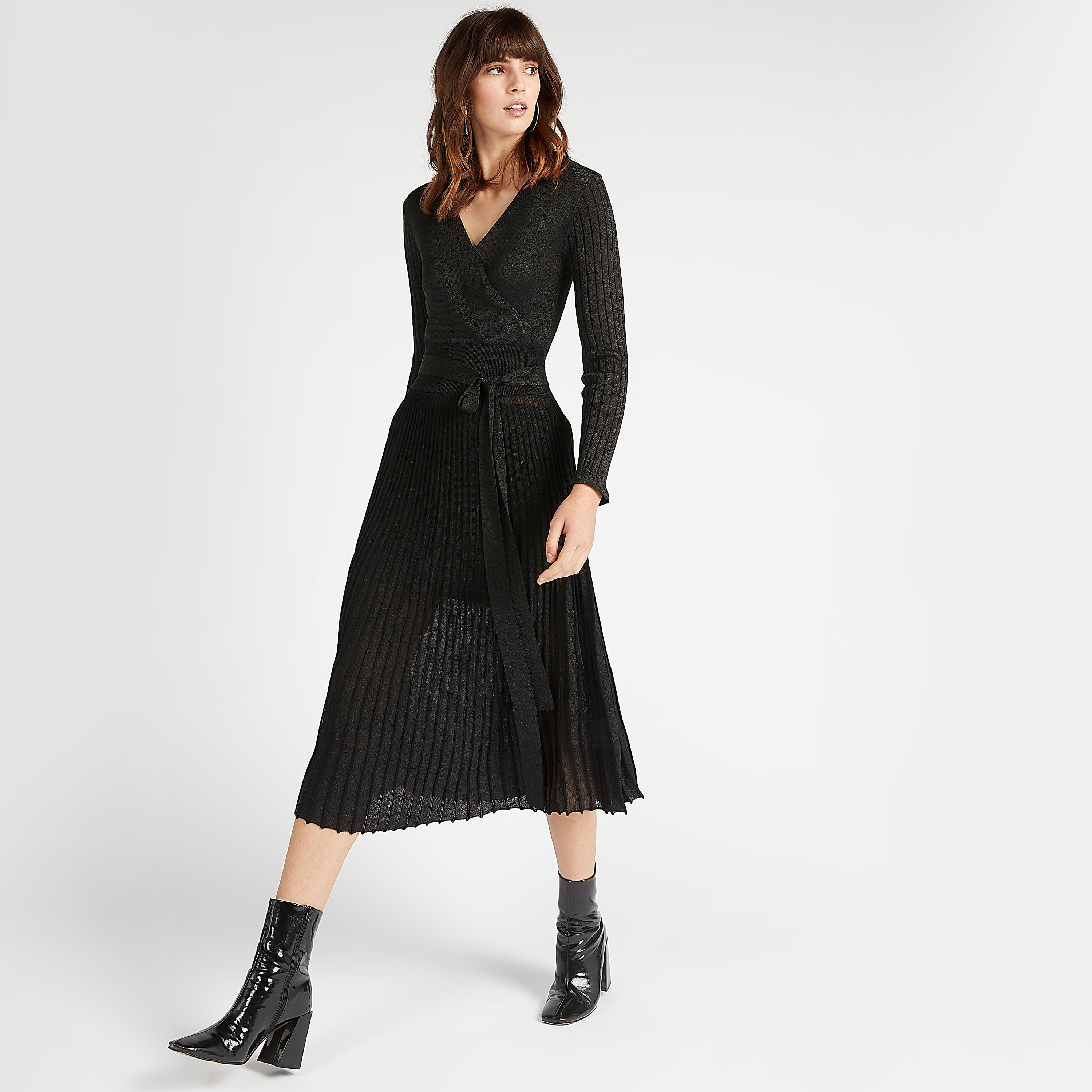 Iconic Textured Midi A-line Dress with Long Sleeves-women-clothing-dresses-image-1