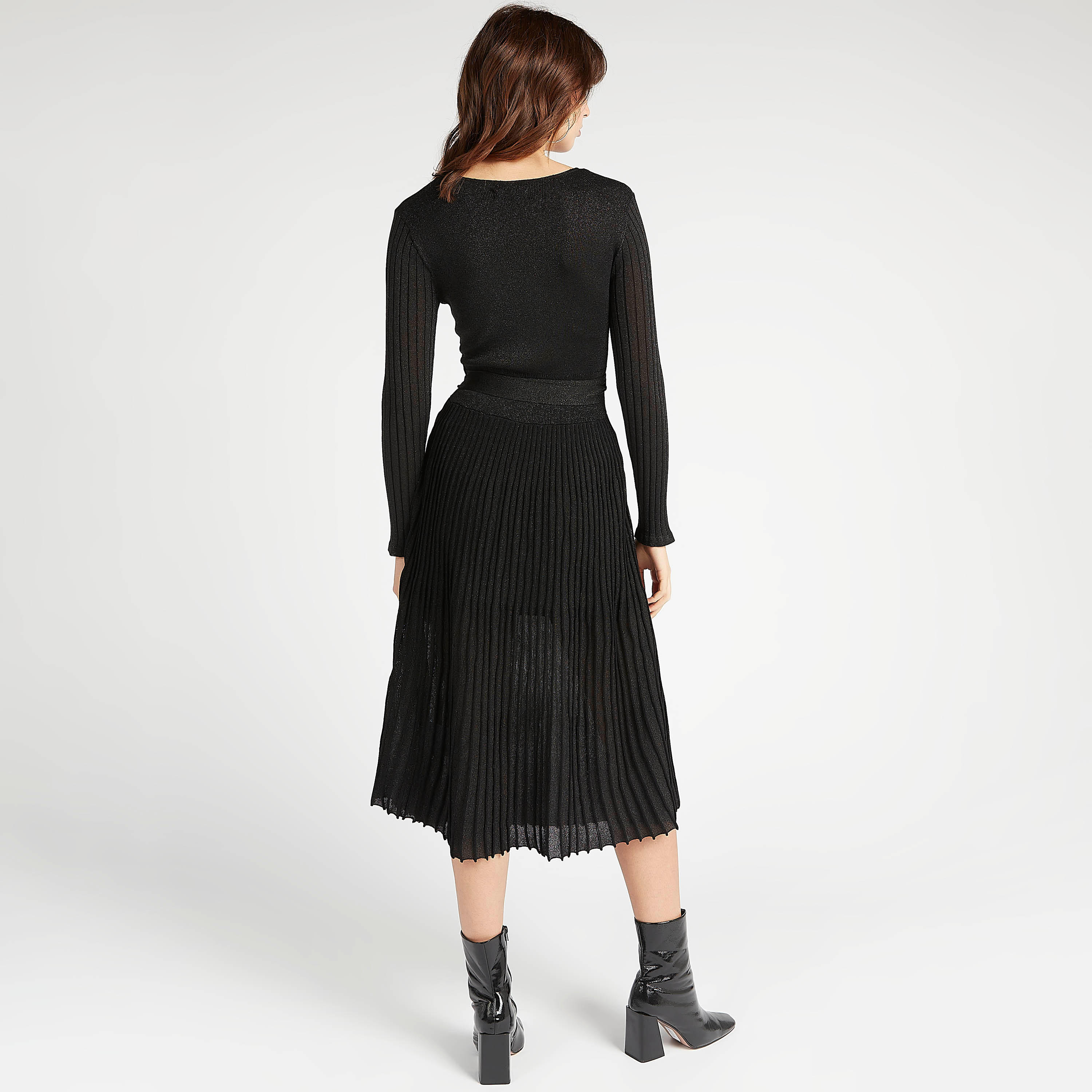 Iconic Textured Midi A-line Dress with Long Sleeves-women-clothing-dresses-image-4