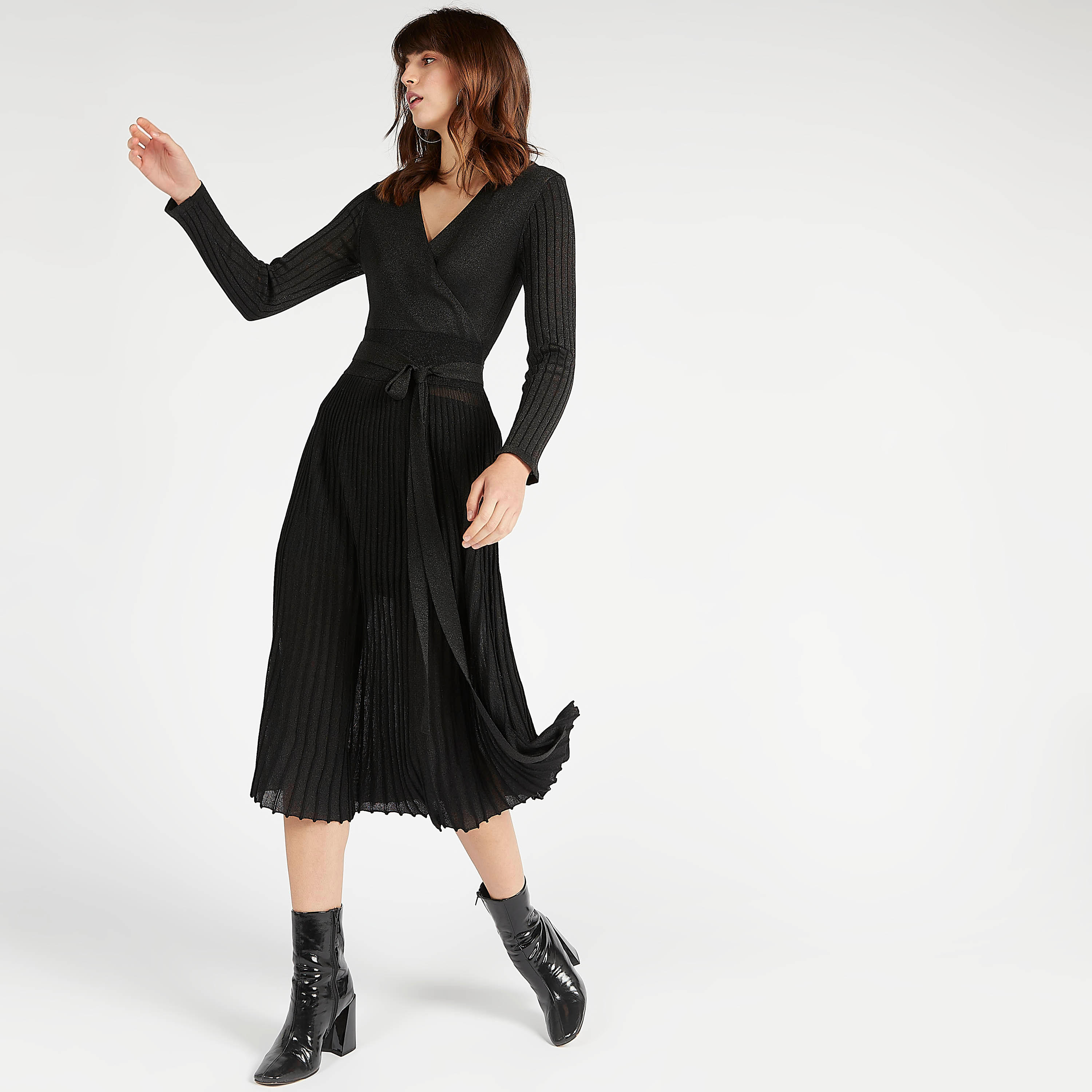 Iconic Textured Midi A-line Dress with Long Sleeves-women-clothing-dresses-image-6