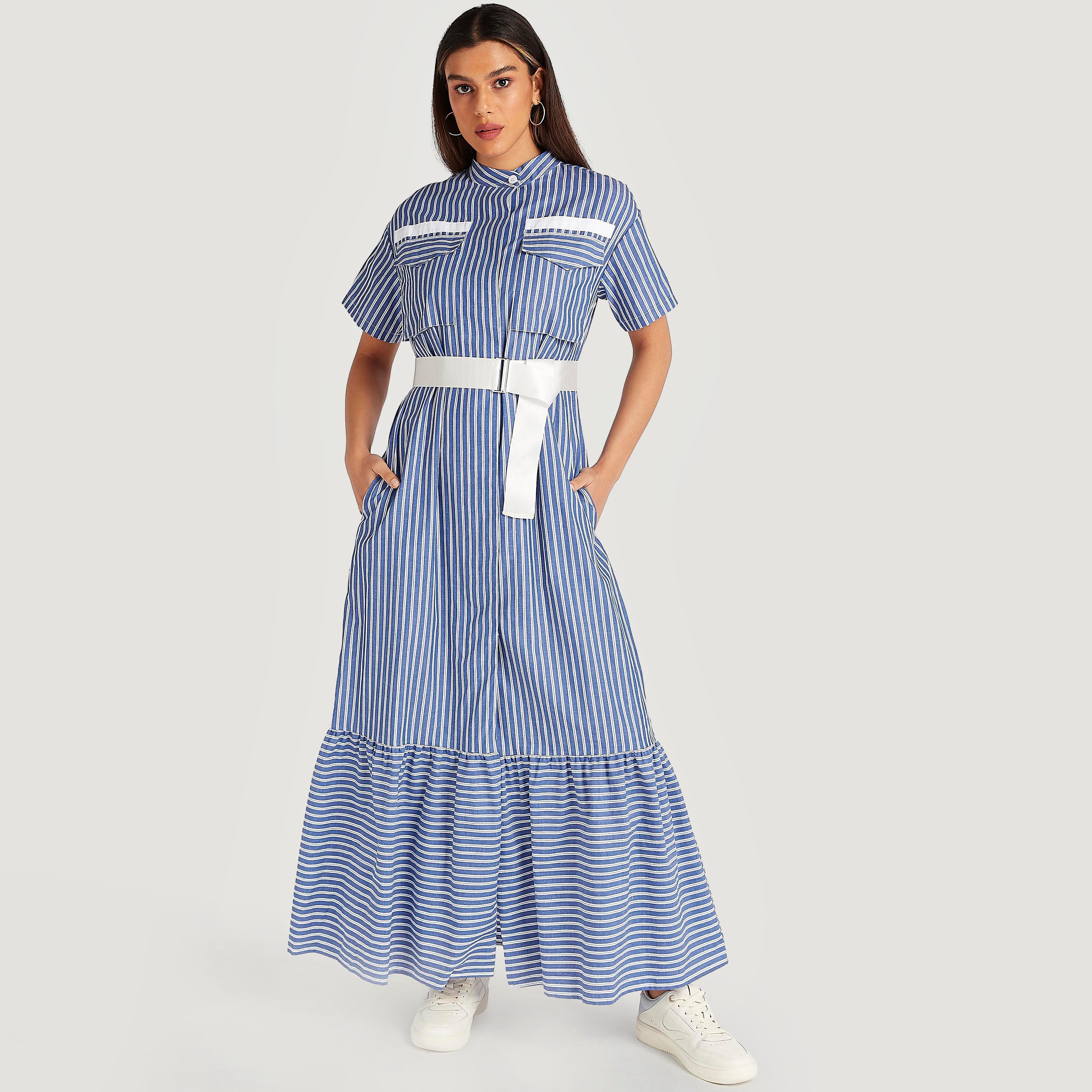 فستان طويل مخطط بياقة ماندارين وحزام من آيكونيك-women-clothing-dresses-image-1