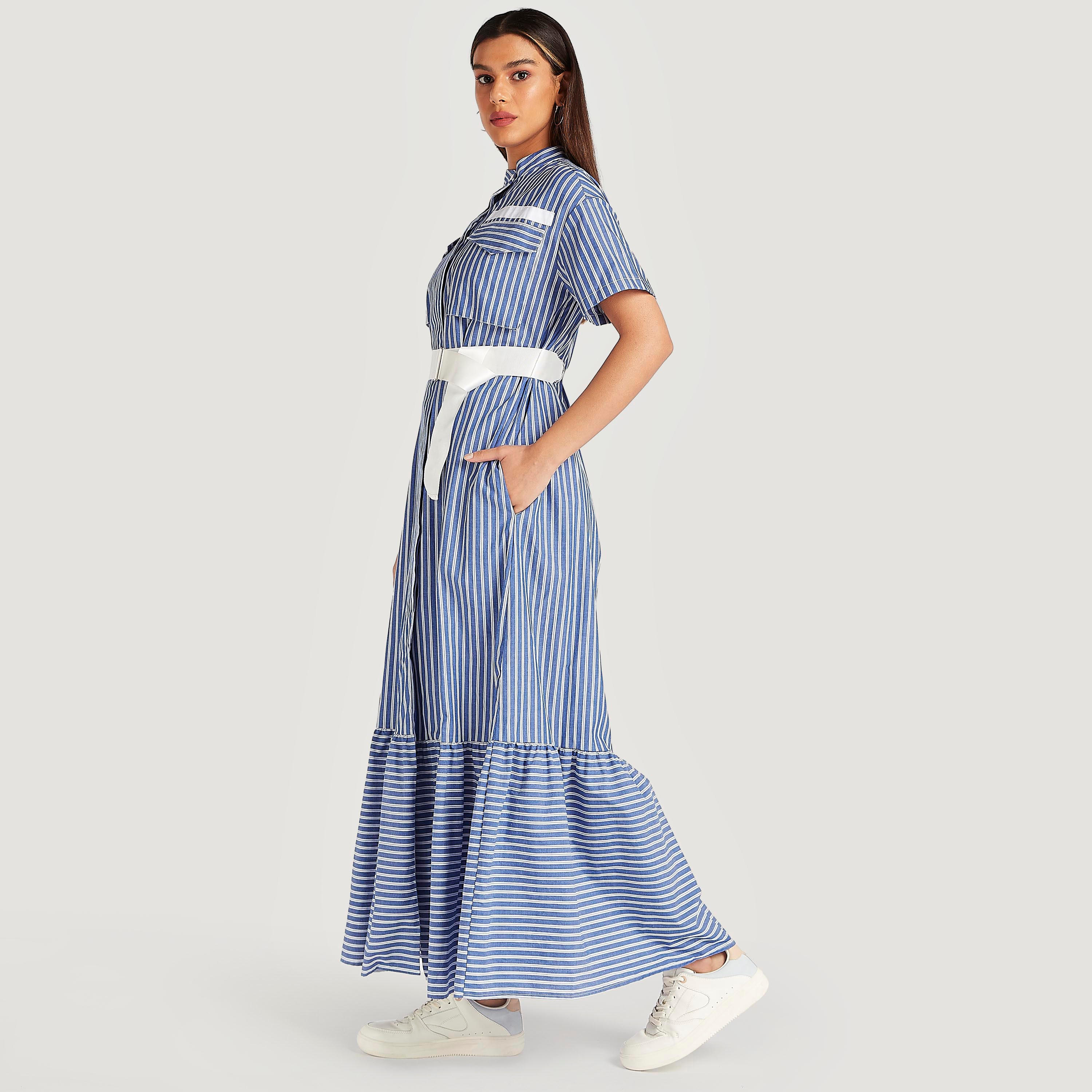 فستان طويل مخطط بياقة ماندارين وحزام من آيكونيك-women-clothing-dresses-image-2