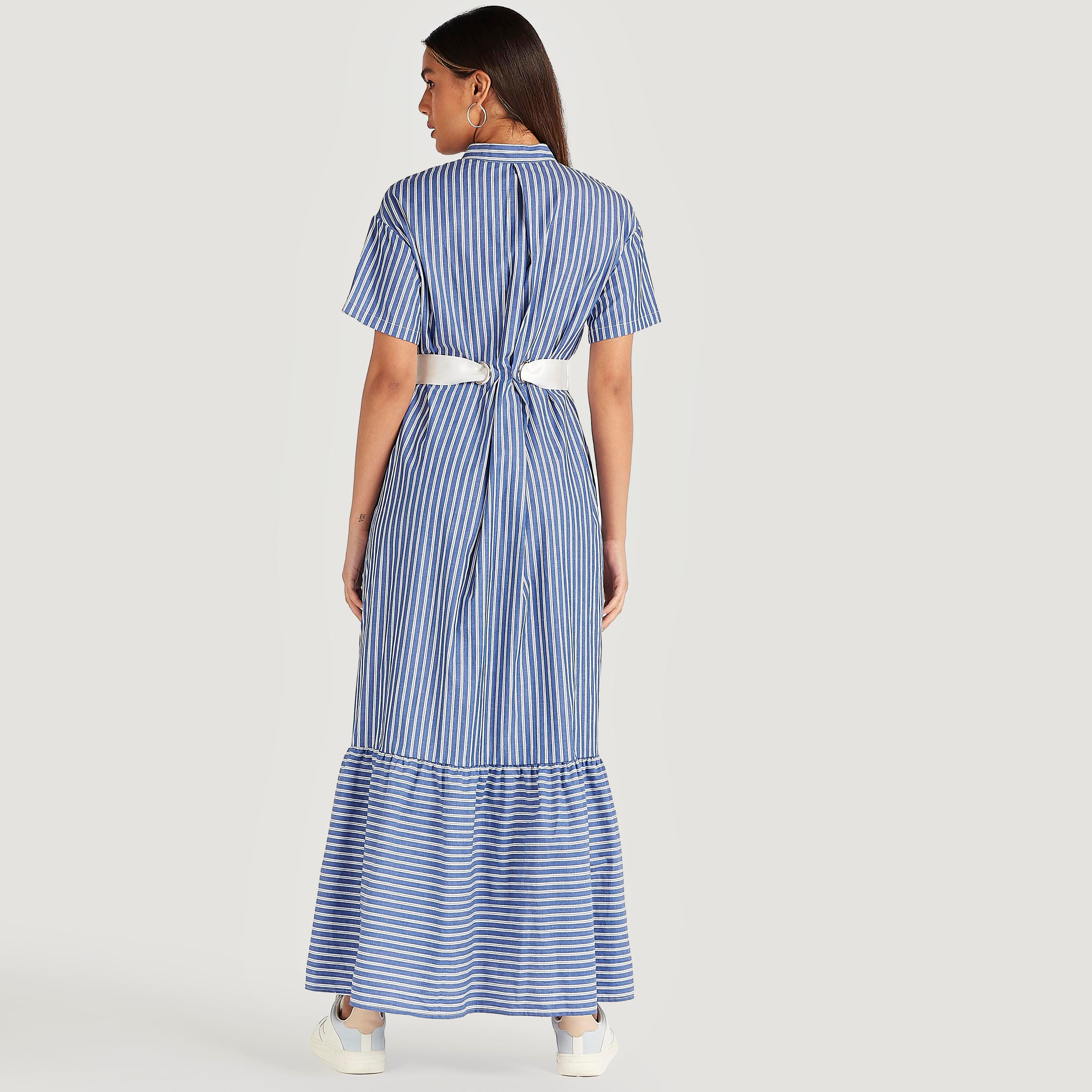 فستان طويل مخطط بياقة ماندارين وحزام من آيكونيك-women-clothing-dresses-image-4