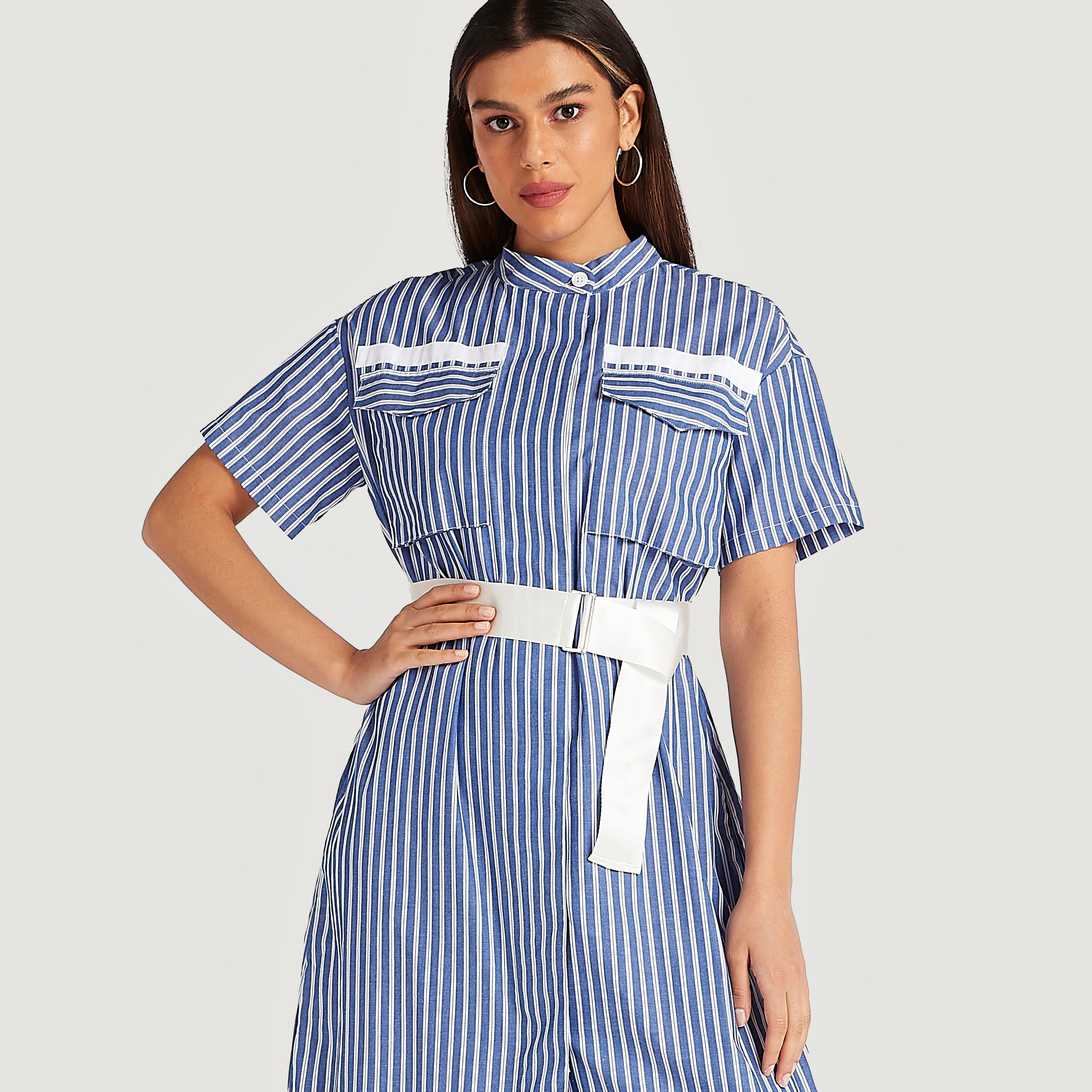 فستان طويل مخطط بياقة ماندارين وحزام من آيكونيك-women-clothing-dresses-image-5