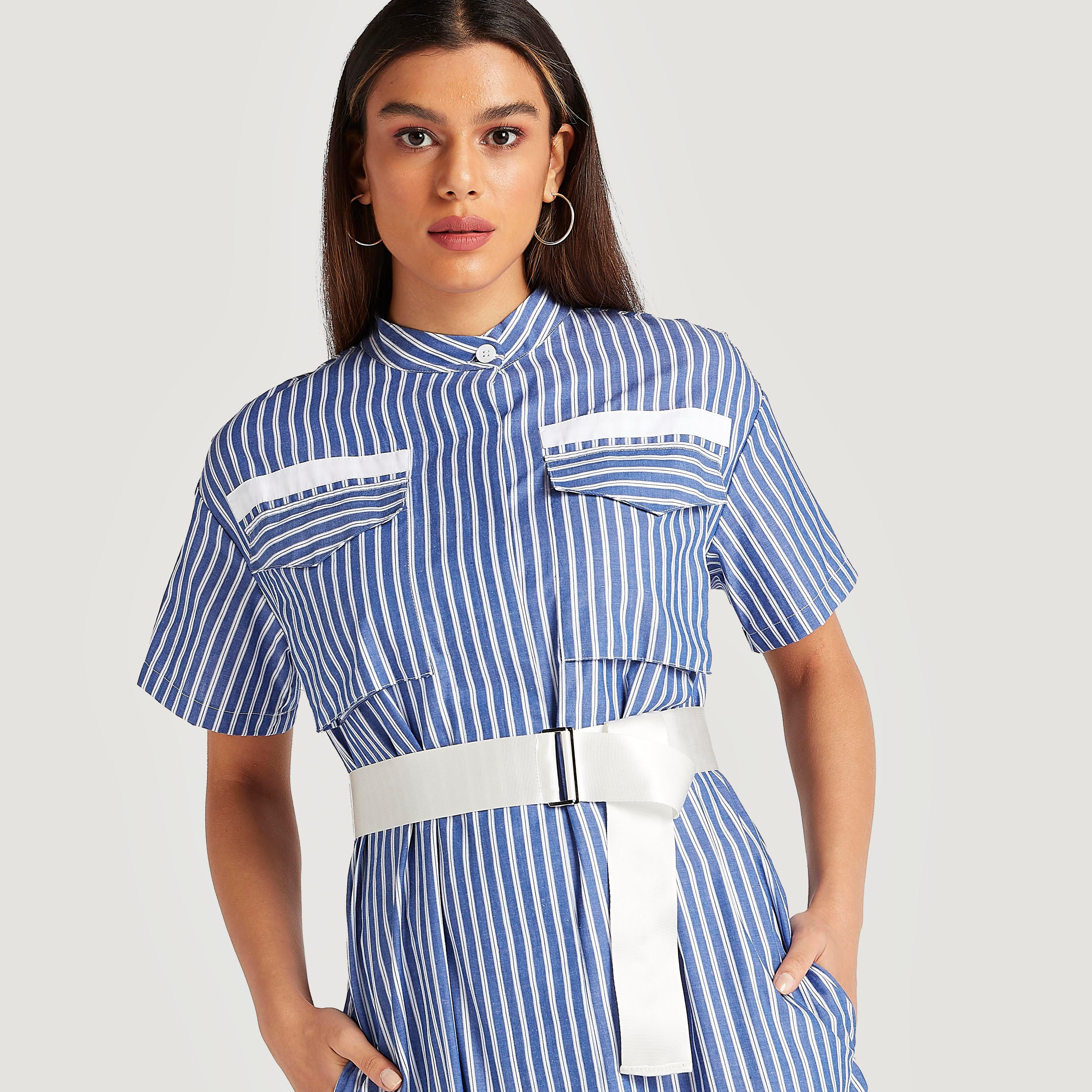فستان طويل مخطط بياقة ماندارين وحزام من آيكونيك-women-clothing-dresses-image-6