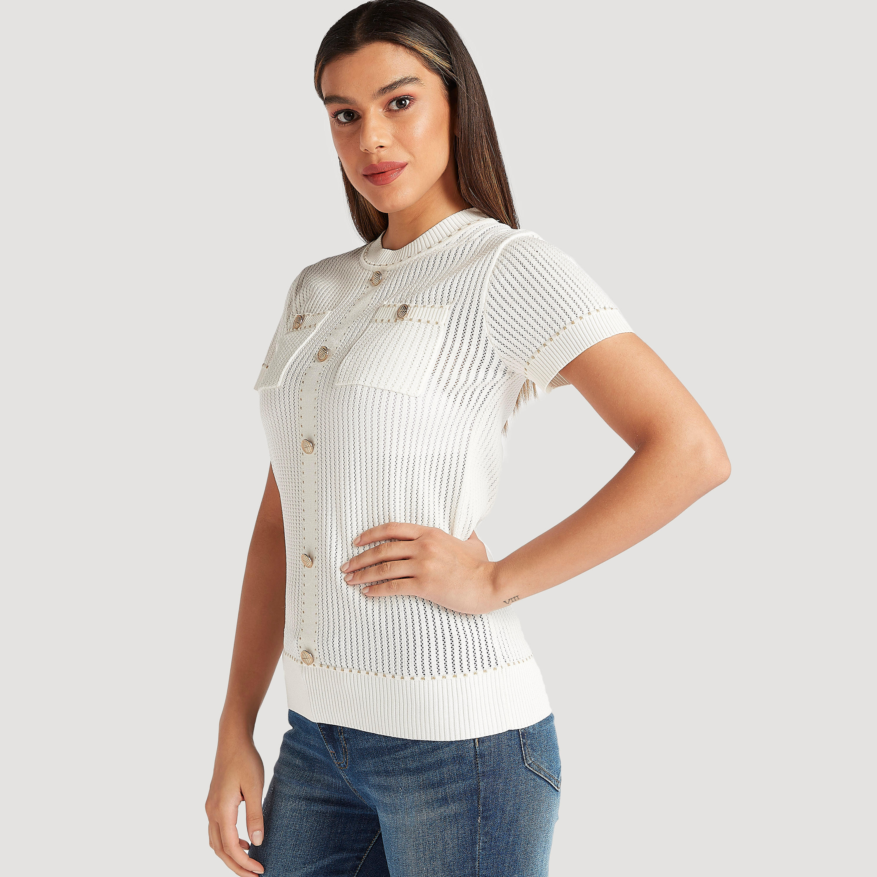 Iconic Textured Short Sleeves Top with Button Detail and Pockets-women-clothing-shirtsandblouses-blouses-image-1
