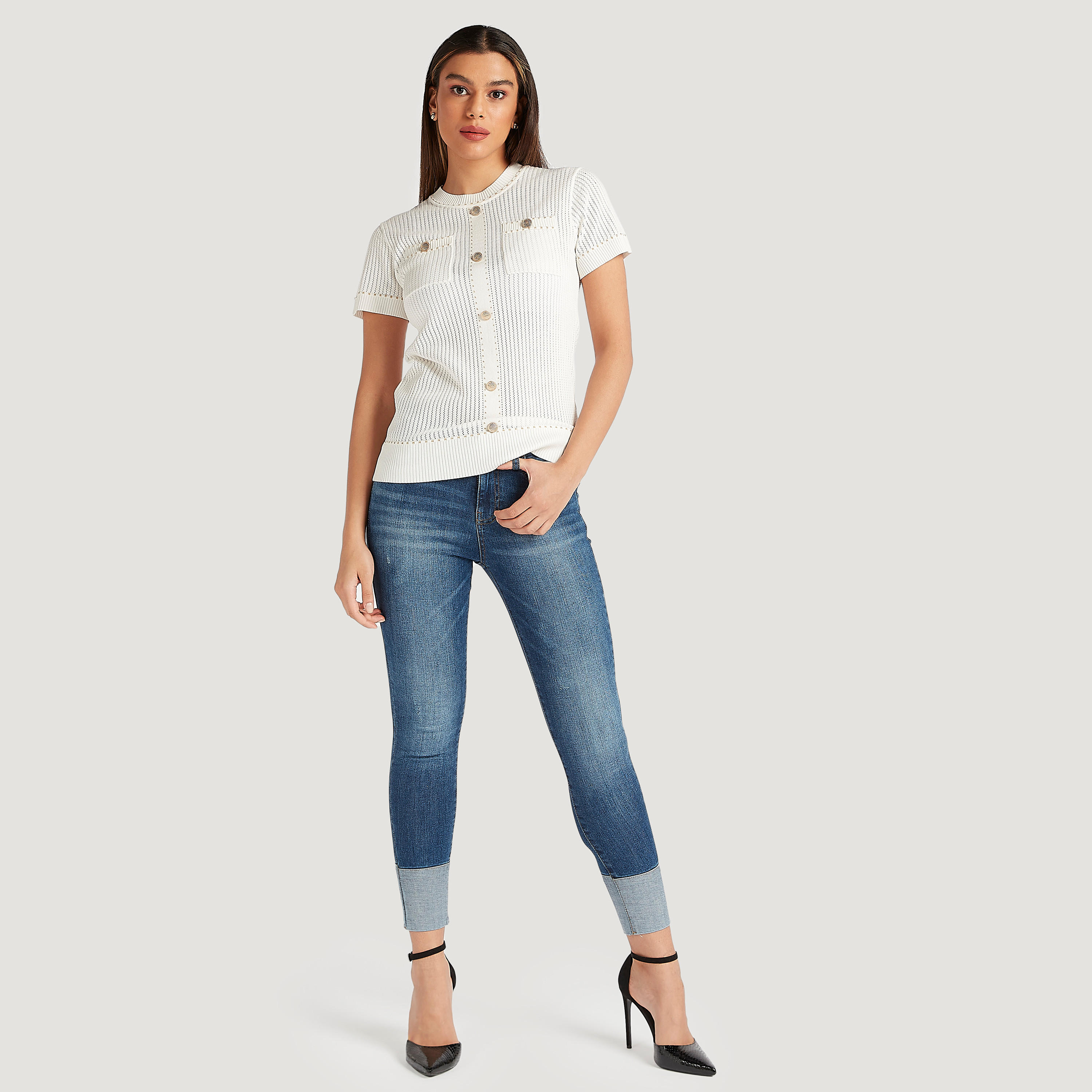 Iconic Textured Short Sleeves Top with Button Detail and Pockets-women-clothing-shirtsandblouses-blouses-image-2