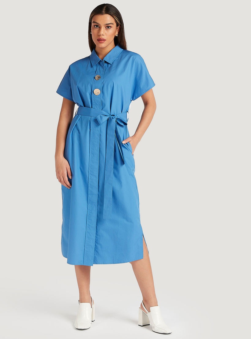 فستان قميص متوسط الطول بأكمام قصيرة وحزام من آيكونك-women-clothing-dresses-image-2