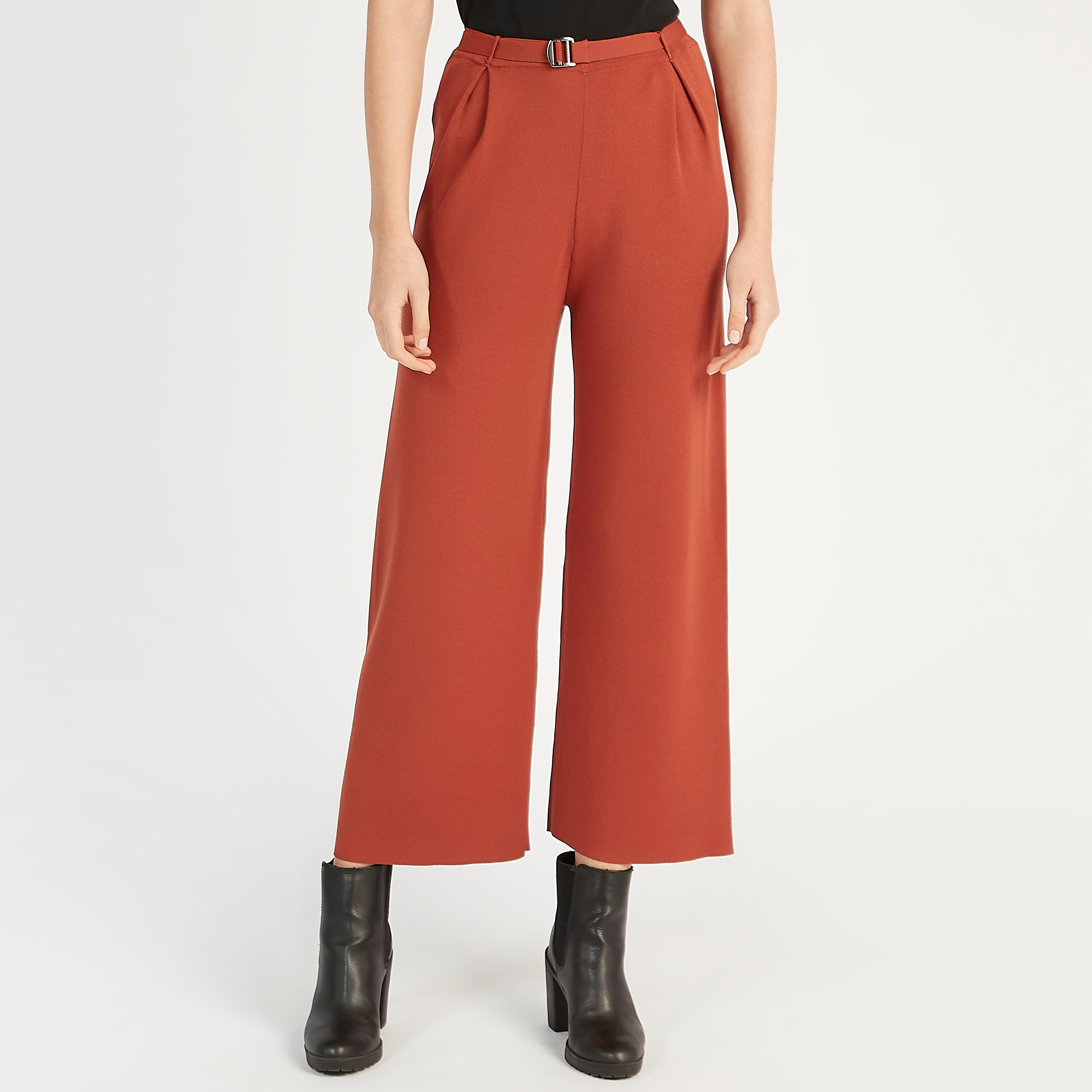 بنطلون بالازو سادة بخصر فليكسي وزينة حزام من آيكونيك-women-clothing-bottoms-trousers-image-4