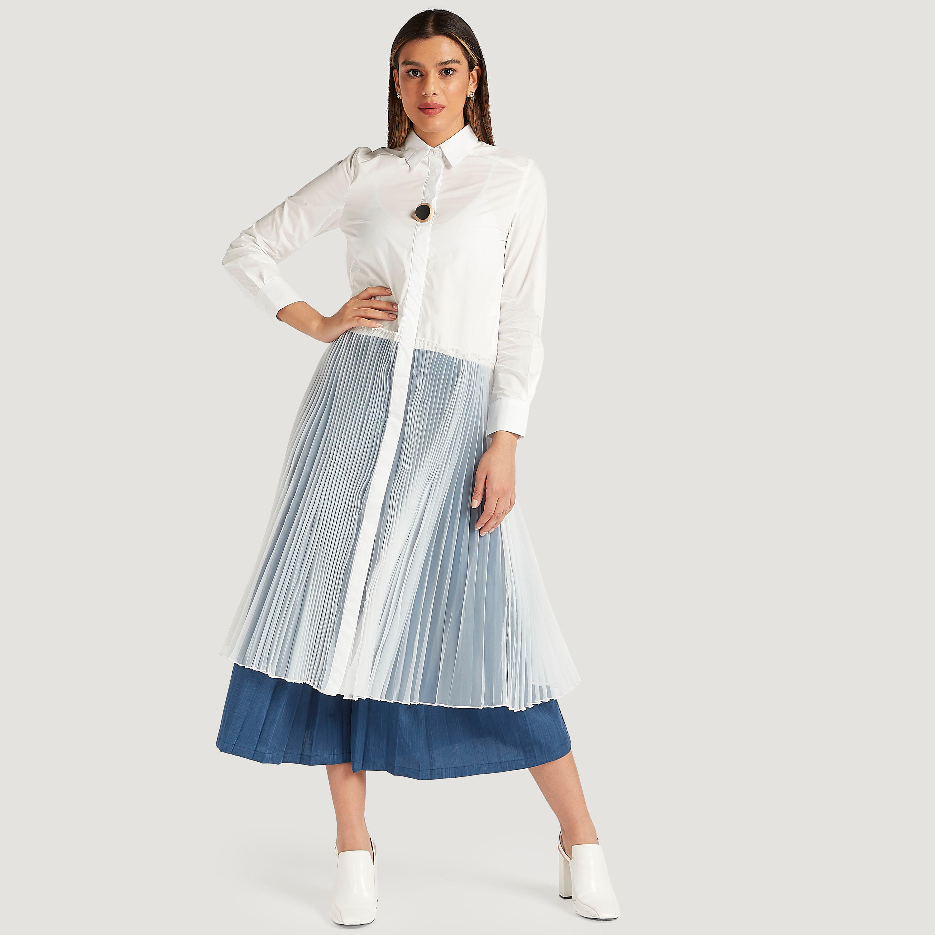 فستان ميدي إيه لاين بكشكشة وأكمام طويلة من آيكونيك-women-clothing-dresses-image-1