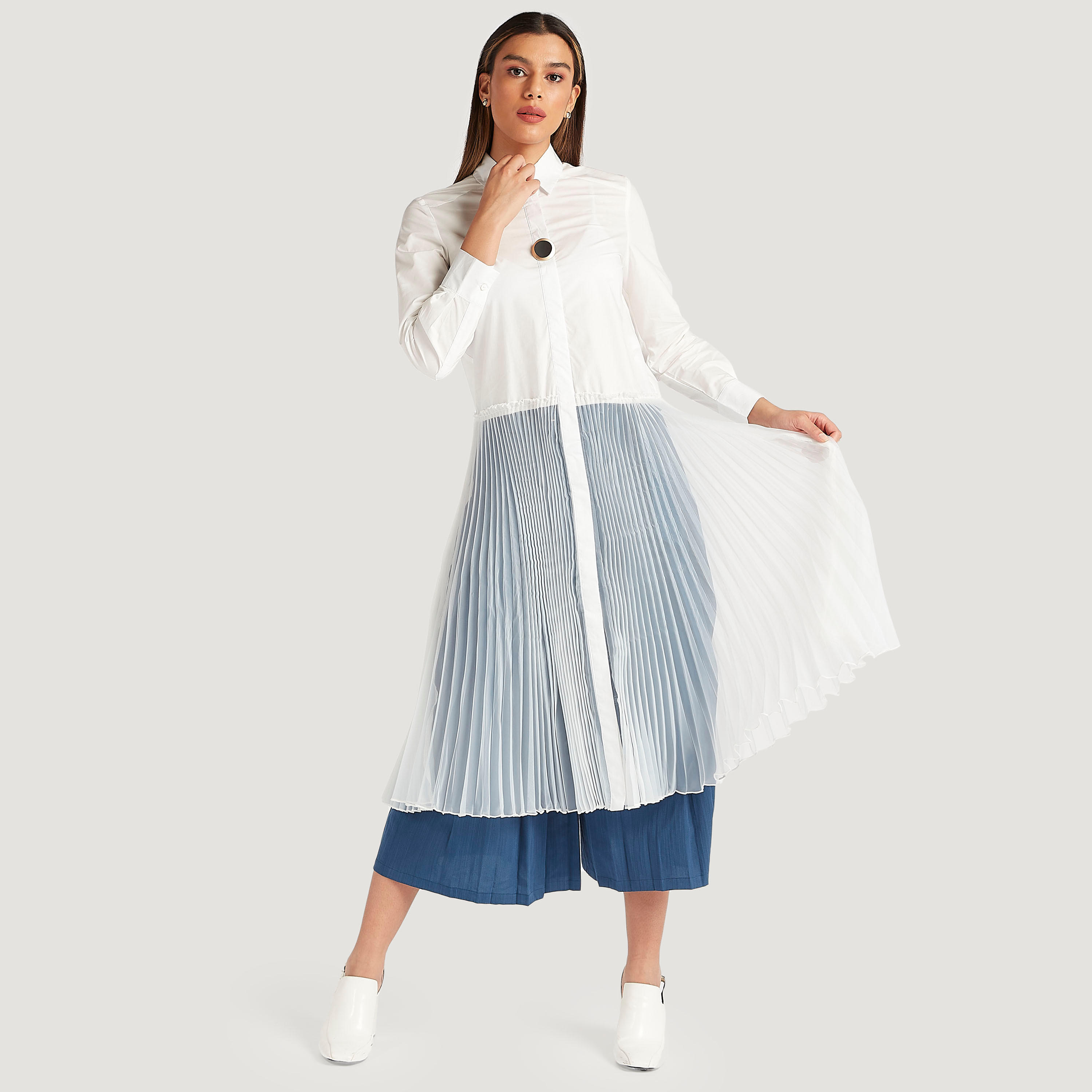 فستان ميدي إيه لاين بكشكشة وأكمام طويلة من آيكونيك-women-clothing-dresses-image-2