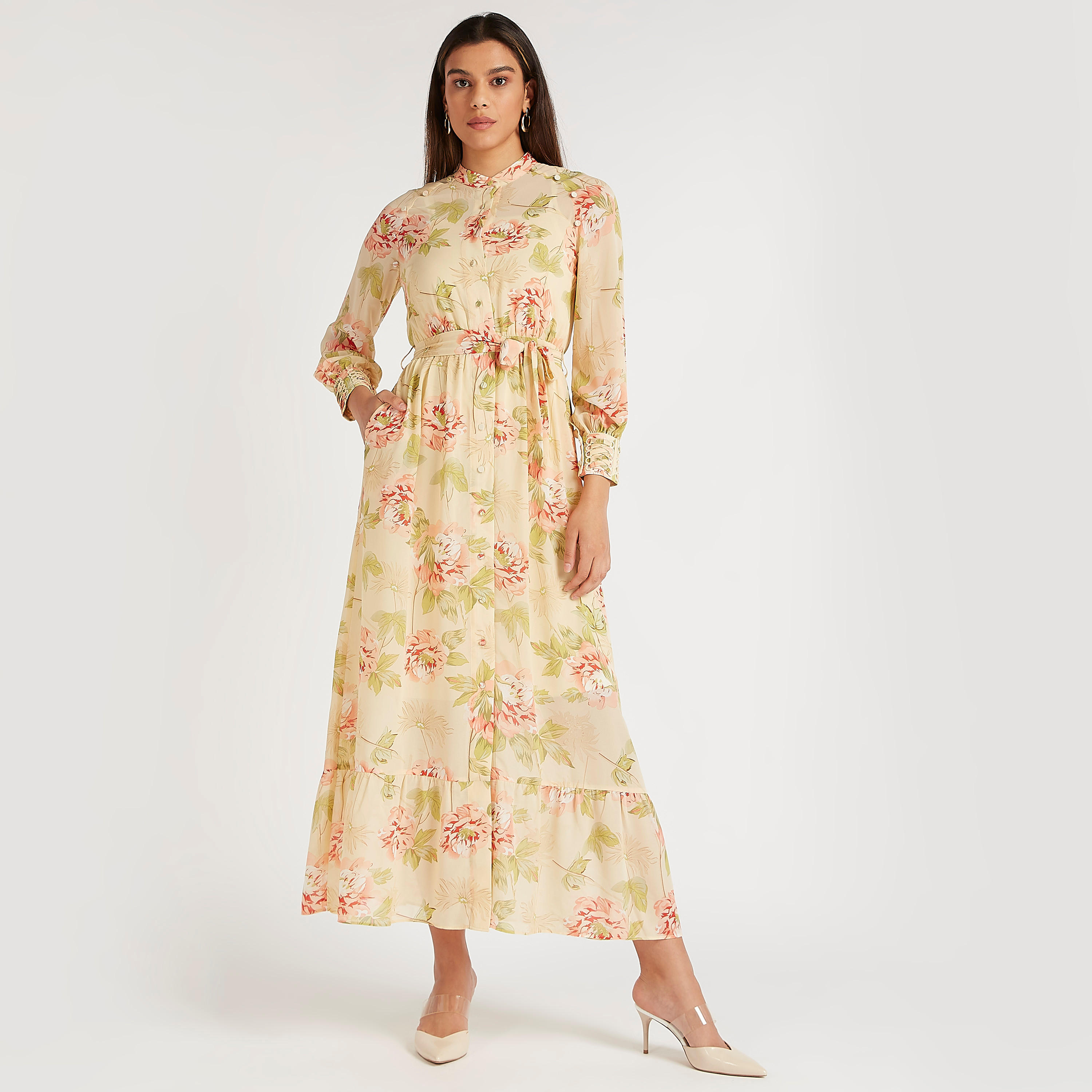 فستان إيه لاين طويل بطبعات أزهار وأكمام طويلة وحزام رباط من آيكونيك-women-clothing-dresses-image-1