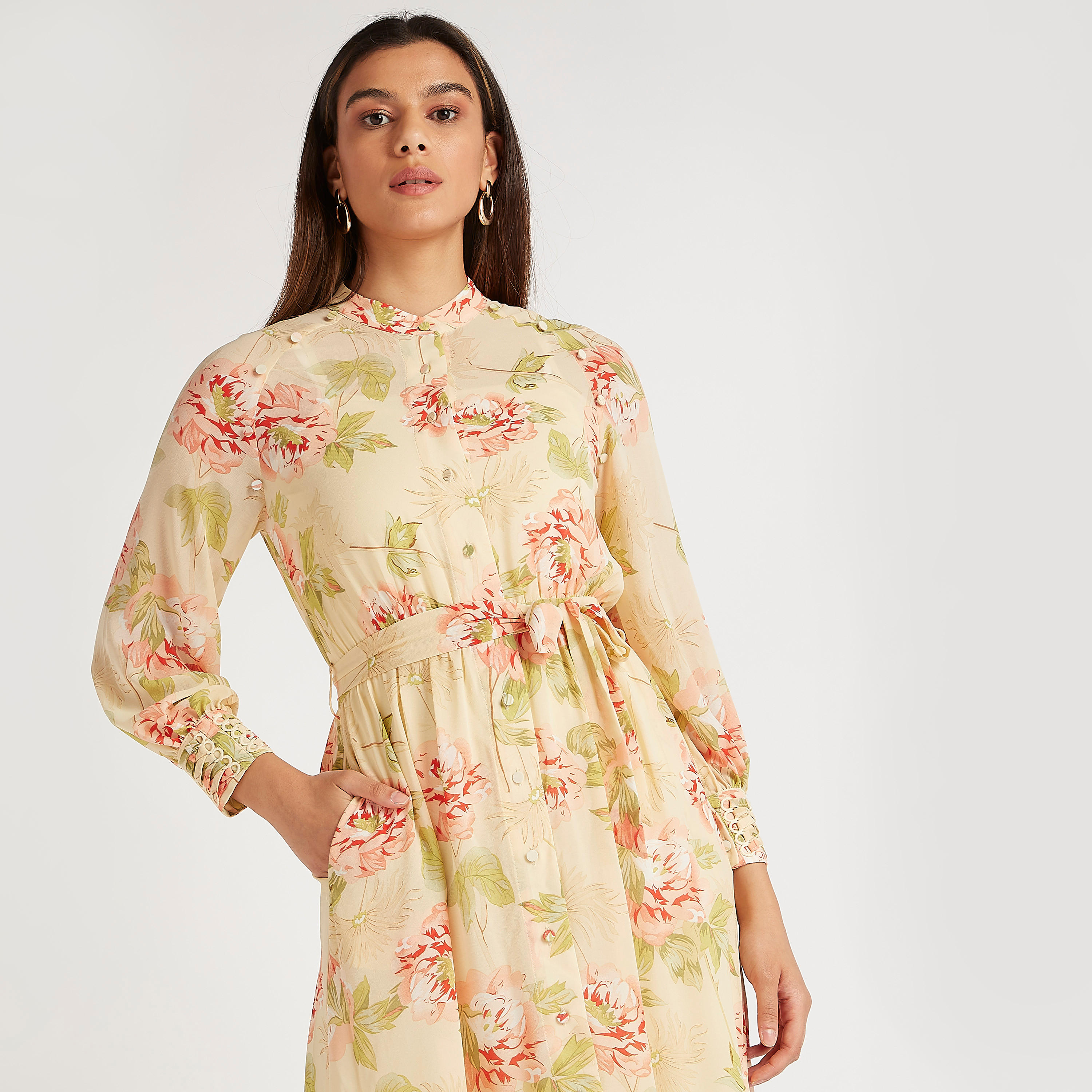 فستان إيه لاين طويل بطبعات أزهار وأكمام طويلة وحزام رباط من آيكونيك-women-clothing-dresses-image-7