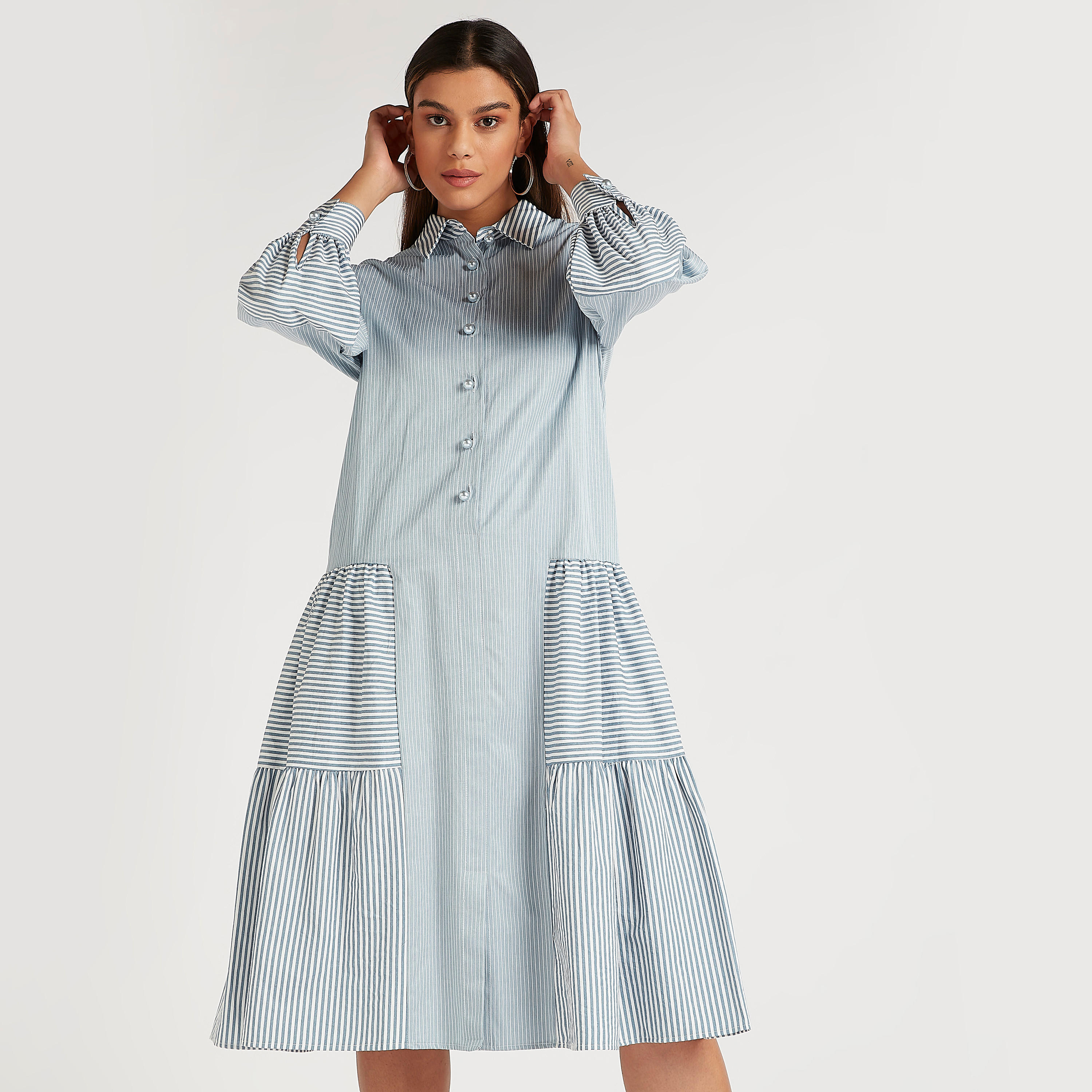 فستان قميص ميدي مقلّم بأكمام طويلة من آيكونيك-women-clothing-dresses-image-1