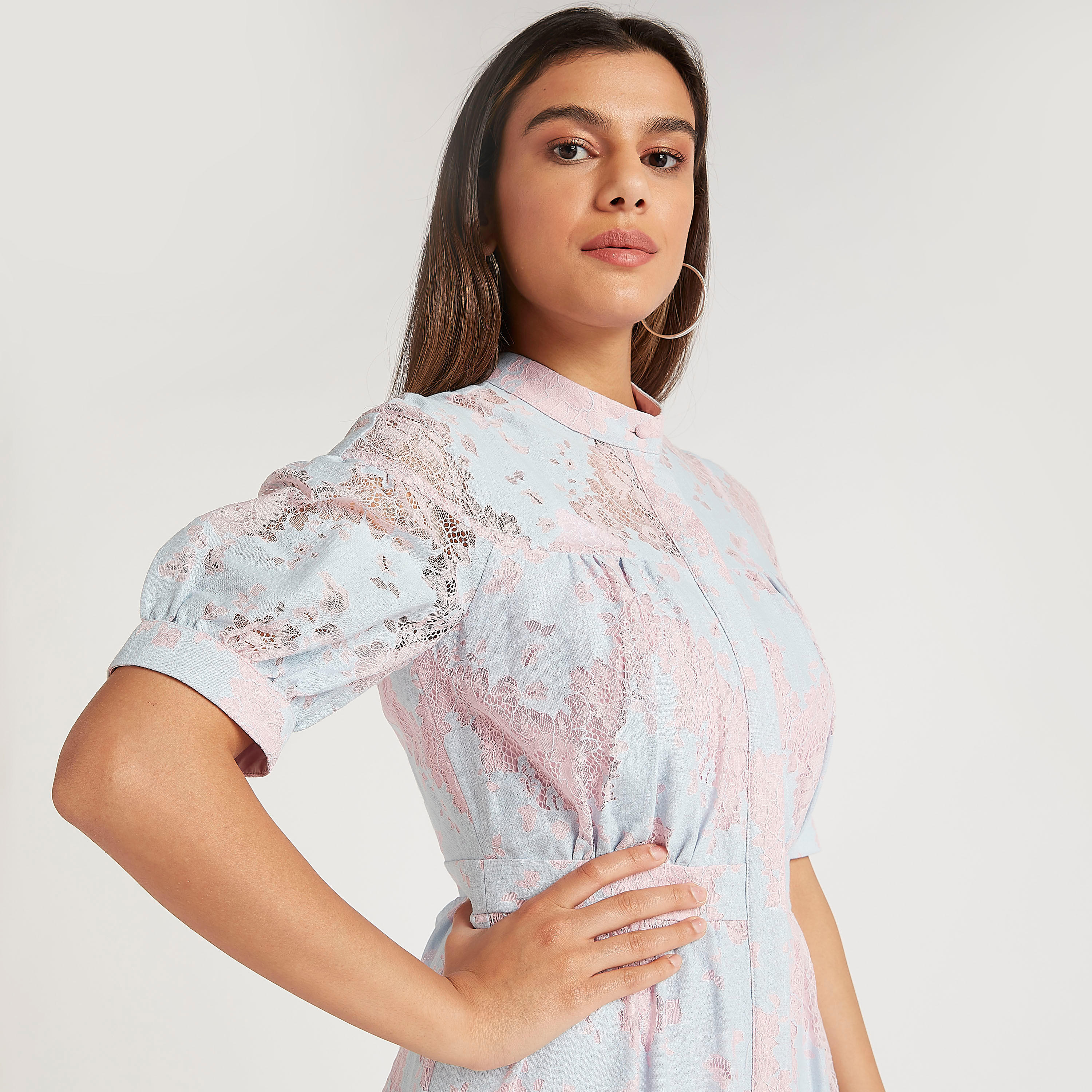 فستان إيه لاين دانتيل طويل بأكمام منفوخة من آيكونيك-women-clothing-dresses-image-3