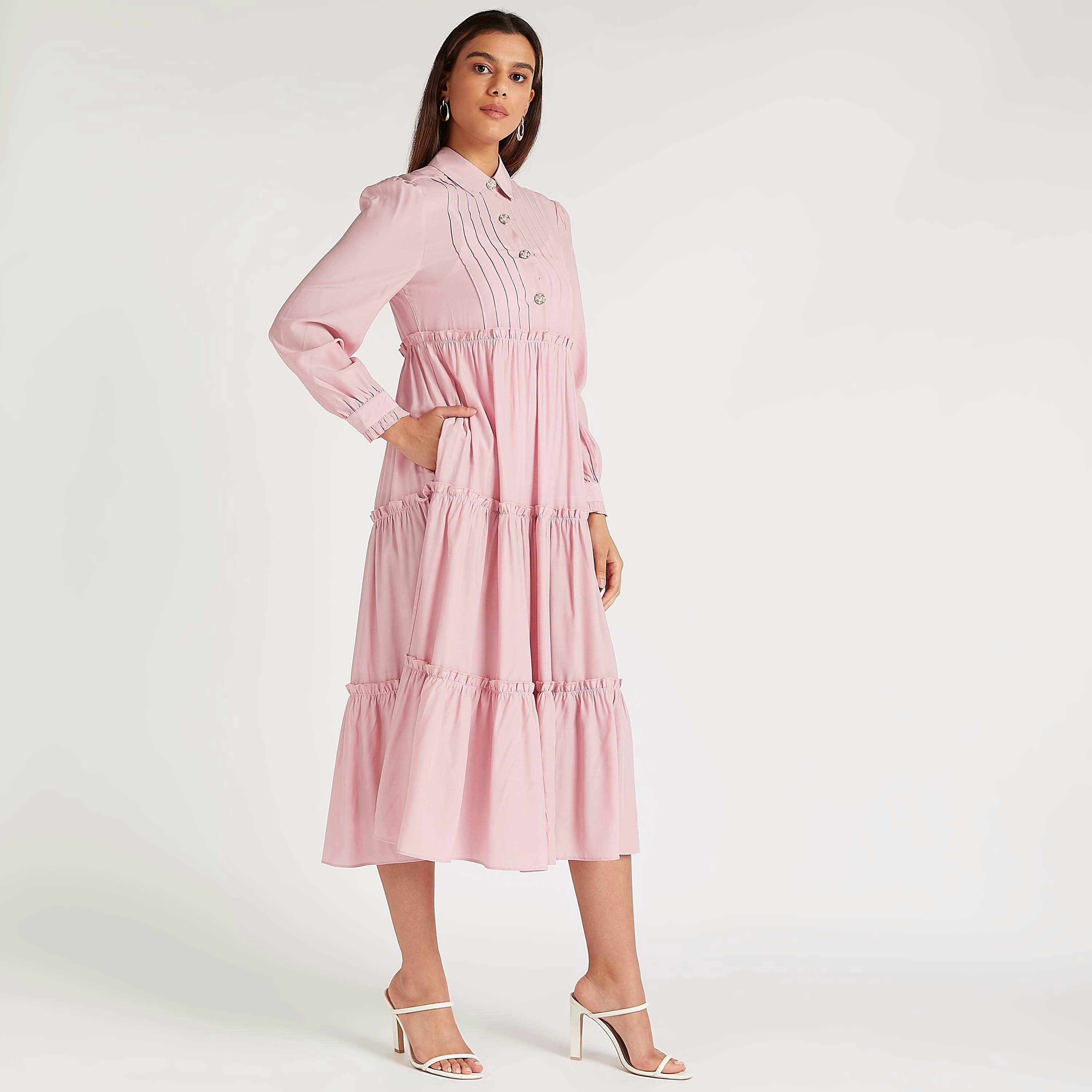 Iconic Solid Collared Tiered Midi A-line Dress with Long Sleeves-women-clothing-dresses-image-1