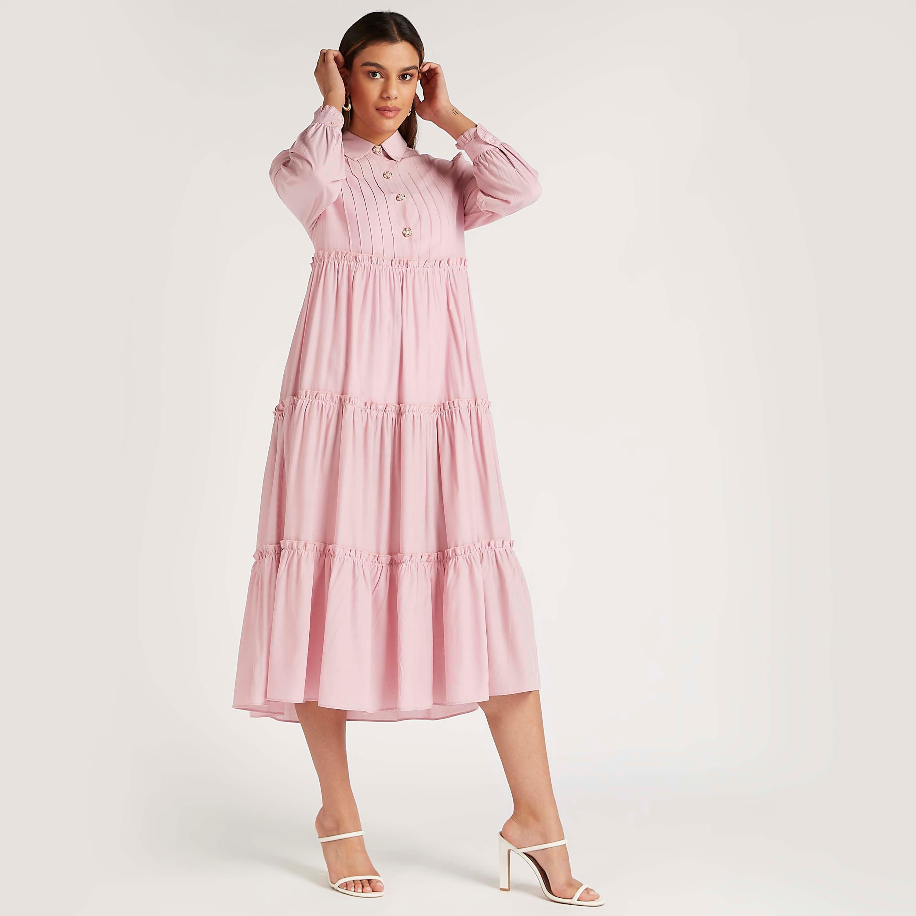 Iconic Solid Collared Tiered Midi A-line Dress with Long Sleeves-women-clothing-dresses-image-2